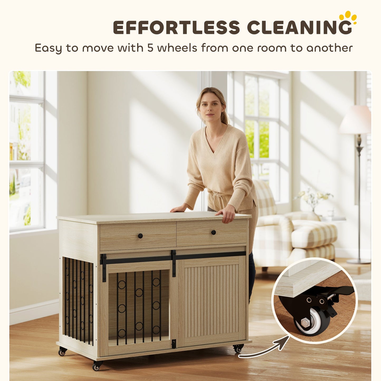 Dog Crate Furniture on Wheels, Dog Cage with 2 Drawers, Sliding Door, Indoor Kennel End Side Table for Medium Large Breeds, Oak Tone