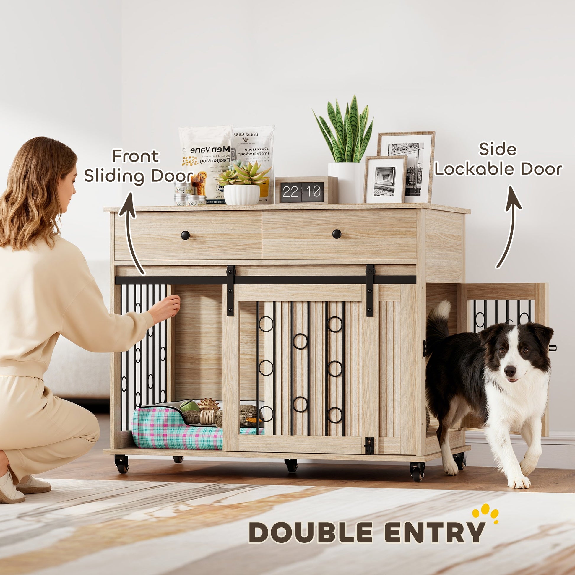 Dog Crate Furniture on Wheels, Dog Cage with 2 Drawers, Sliding Door, Indoor Kennel End Side Table for Medium Large Breeds, Oak Tone
