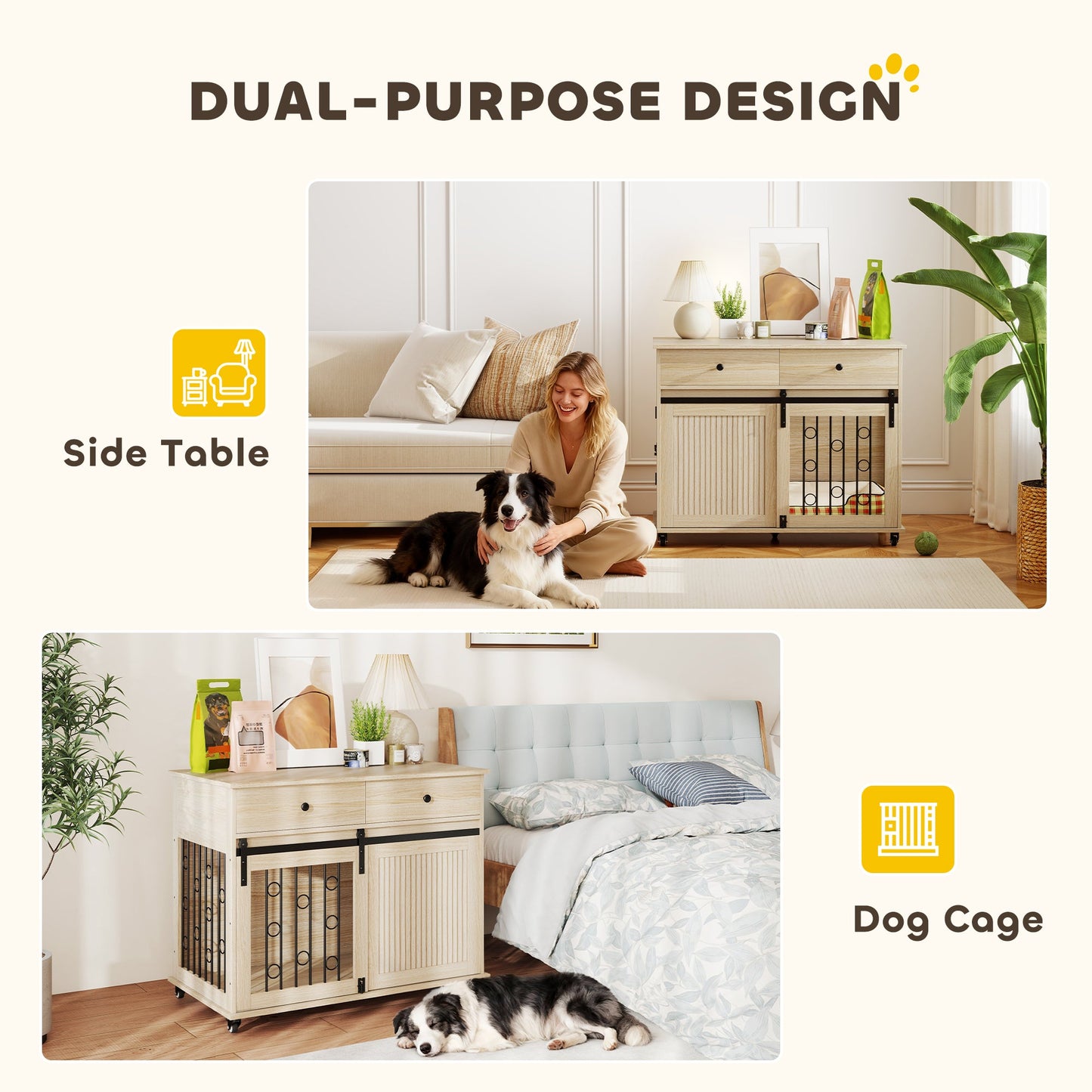 Dog Crate Furniture on Wheels, Dog Cage with 2 Drawers, Sliding Door, Indoor Kennel End Side Table for Medium Large Breeds, Oak Tone