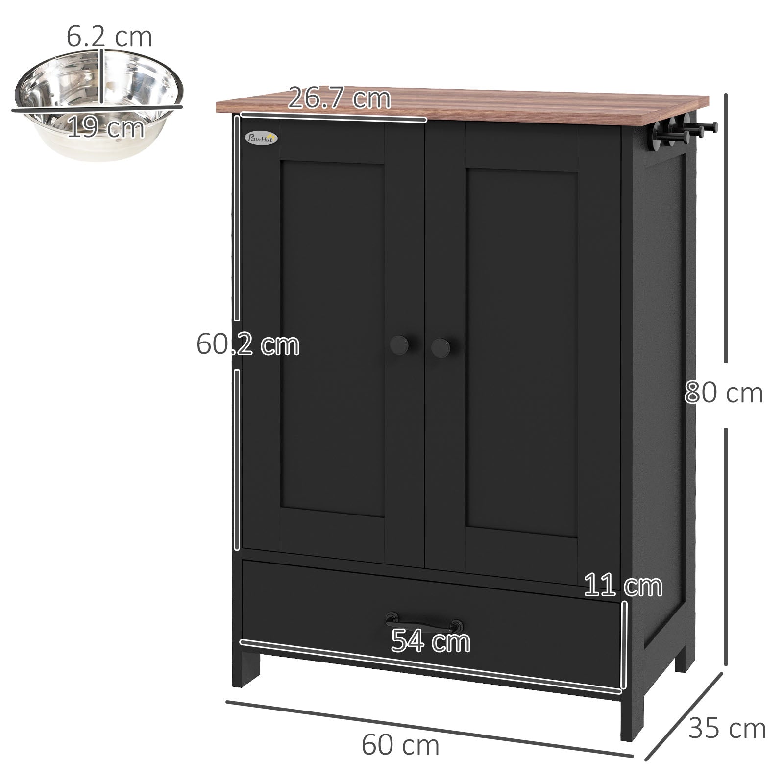 Pet Feeding Station with Storage, Dog Feeding Station with Raised Dog Bowls, Adjustable Panel, Hooks, Pet Food Storage Cabinet, Black