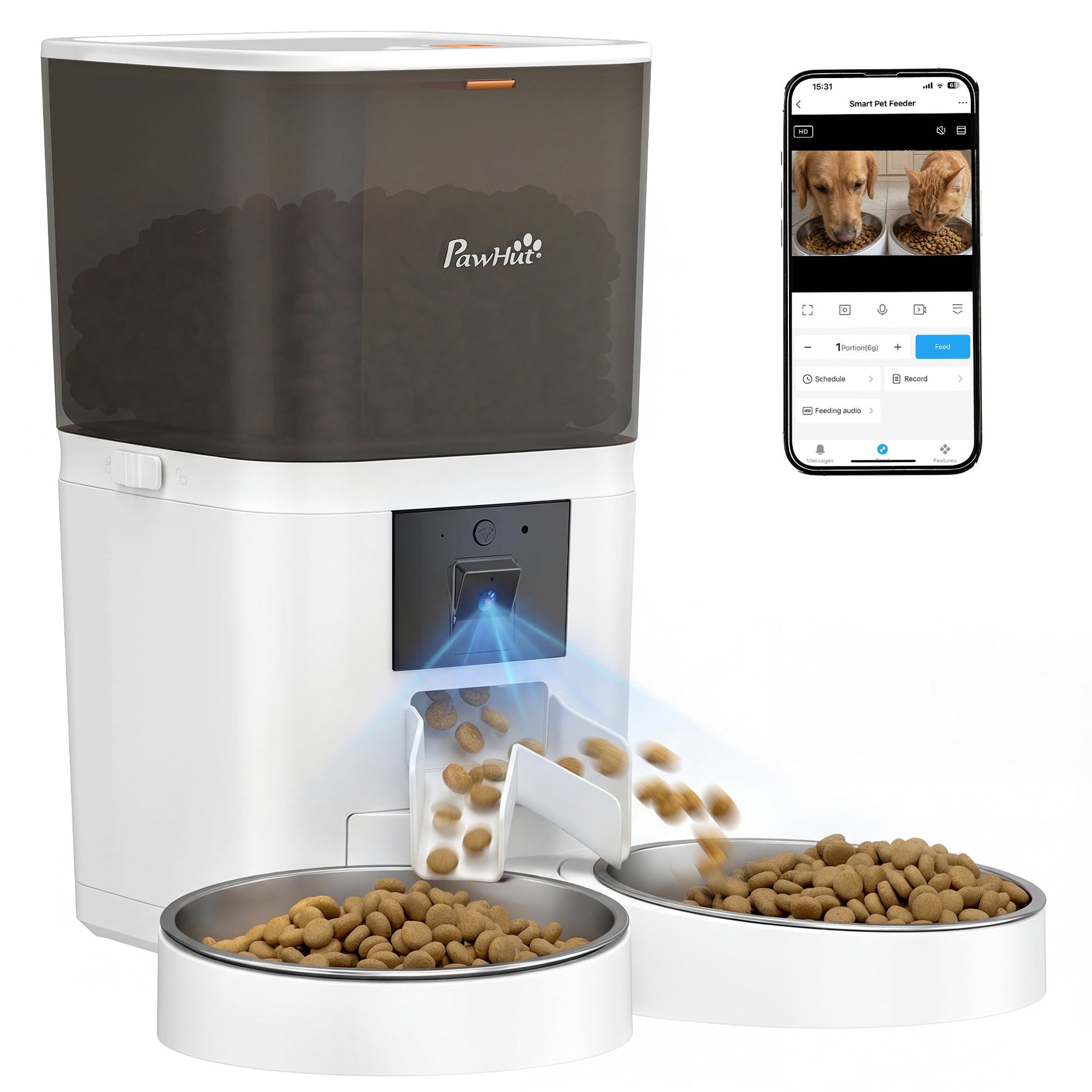 Automatic Cat Feeder with HD Camera for 2 Cats, 6L 2.4G/5G WiFi Smart Pet Food Dispenser with App Control, Timed Pet Feeder with 1-10 Meals Per Day, 10s Voice Recorder, Dual Power Supply