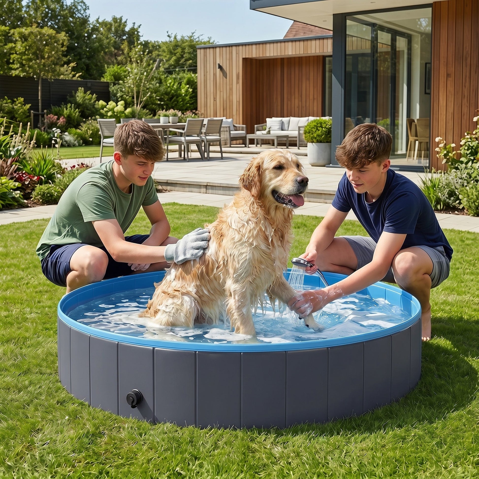 Foldable Dog Pool for Puppies and Ducks, Thickened PVC Dog Paddling Pool Bath Tub Hard Board, Anti-Slip Bottom and Hose Adapter for Easy Drainage, 140 x 30cm, Blue and Dark Grey