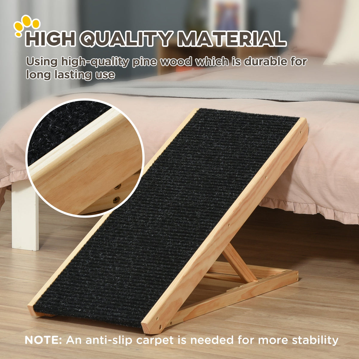 Dog Ramp, Foldable Pet Ramp with 4 Adjustable Heights, Non-Slip Finish for Medium and Large Pets, Wooden Dog Ladder for Sofa, Bed, Car, Black