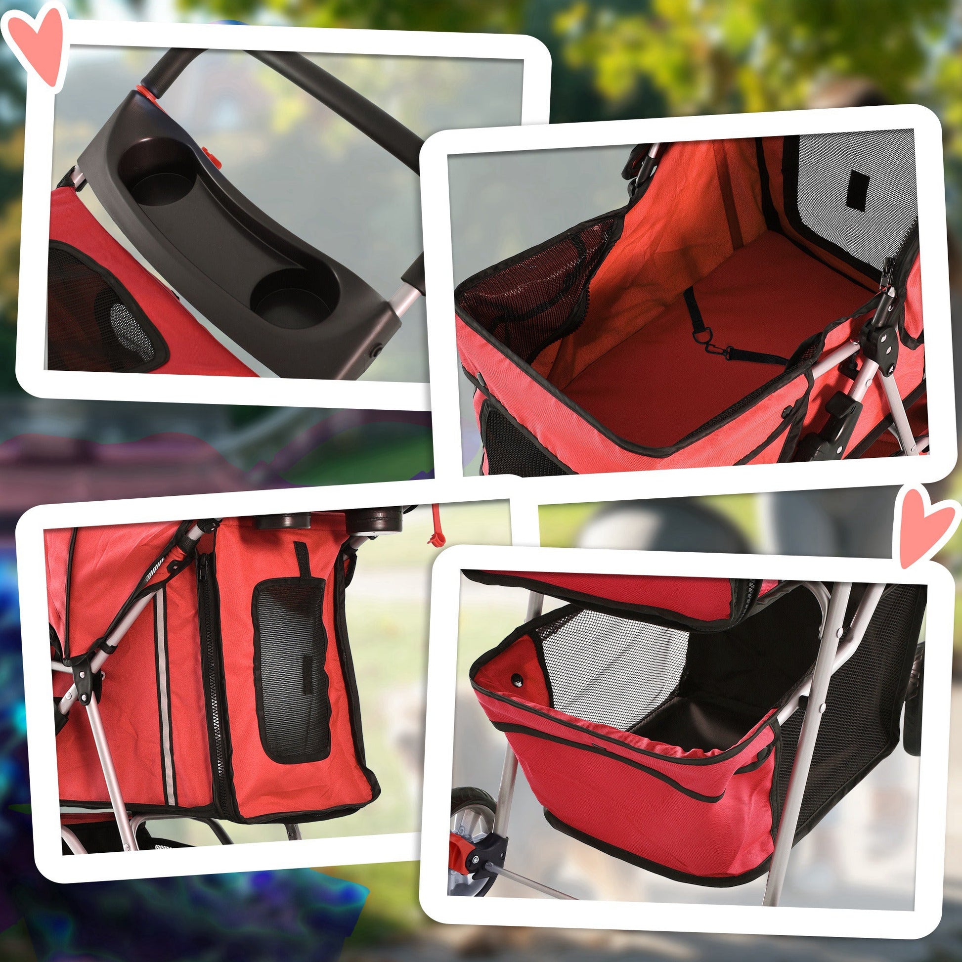 Pet Stroller for Small Miniature Dogs Cats Foldable Travel Carriage with Wheels Zipper Entry Cup Holder Storage Basket Red