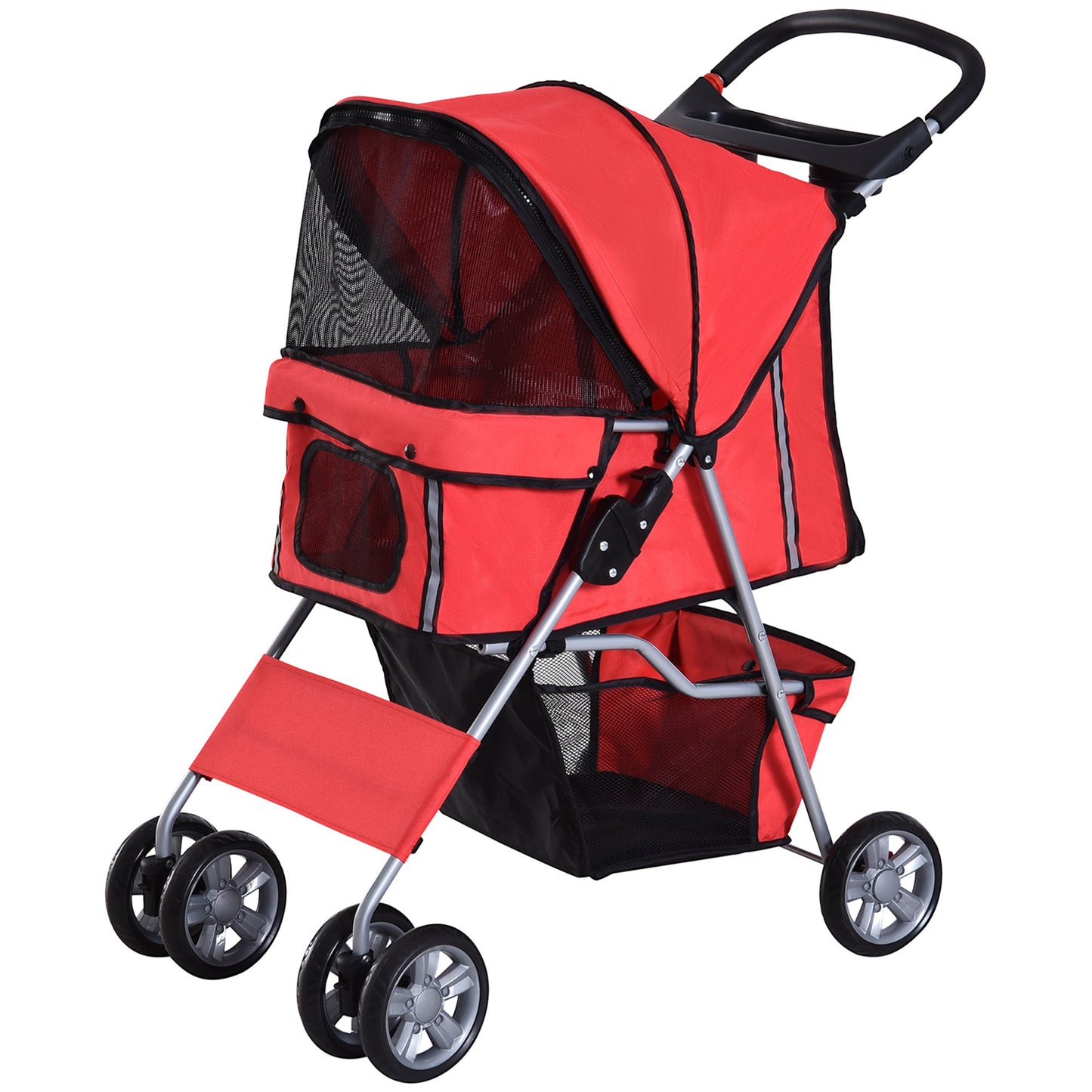 Pet Stroller for Small Miniature Dogs Cats Foldable Travel Carriage with Wheels Zipper Entry Cup Holder Storage Basket Red