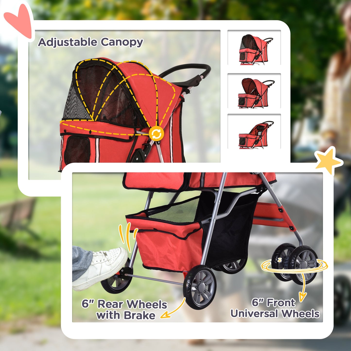 Pet Stroller for Small Miniature Dogs Cats Foldable Travel Carriage with Wheels Zipper Entry Cup Holder Storage Basket Red
