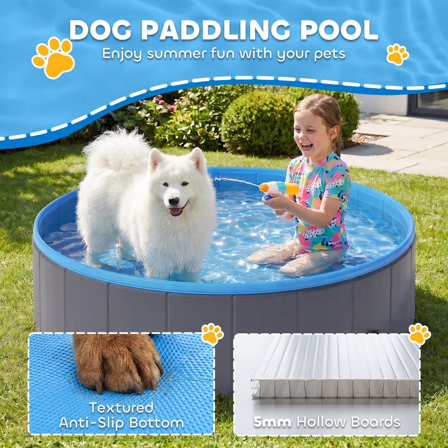 Foldable Dog Pool for Puppies and Ducks, Thickened PVC Dog Paddling Pool Bath Tub Hard Board, Anti-Slip Bottom and Hose Adapter for Easy Drainage, 120 x 30cm, Dark Grey and Blue