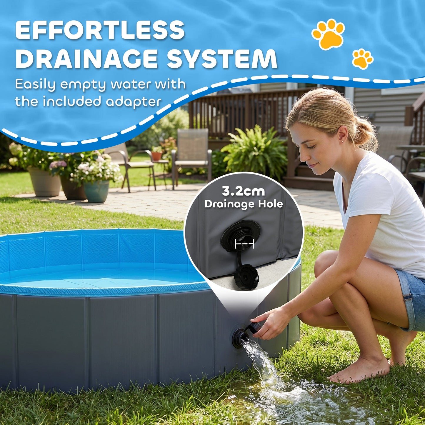 Foldable Dog Pool for Puppies and Ducks, Thickened PVC Dog Paddling Pool Bath Tub Hard Board, Anti-Slip Bottom and Hose Adapter for Easy Drainage, 120 x 30cm, Dark Grey and Blue