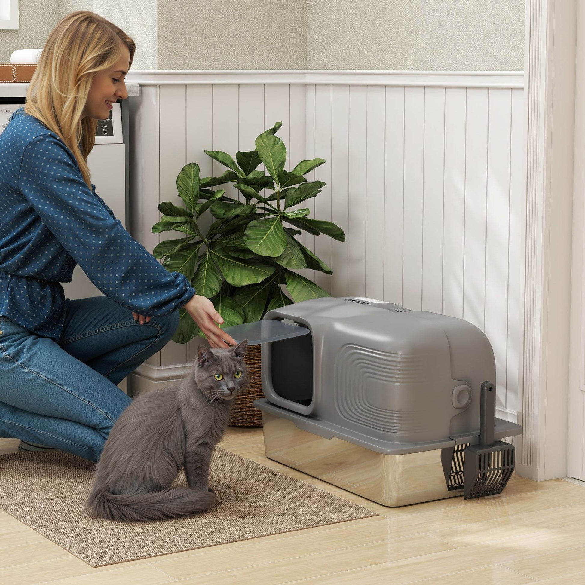 Stainless Steel Litter Tray with Plasma Deodoriser System, 65L Extra Large Enclosed Litter Box with Lid High, Sided Wall and Scoop for Larger Cats, Easy to Clean & Odour-Resistant, Grey