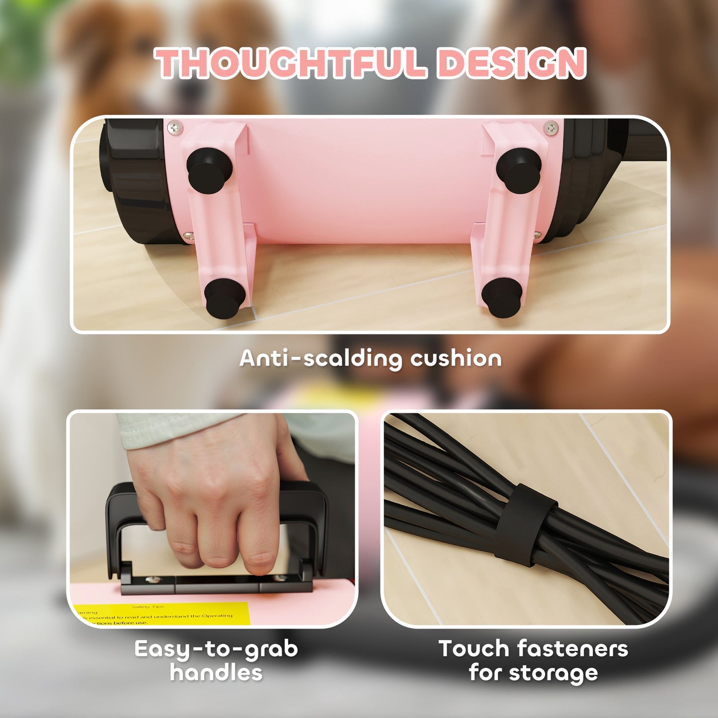 Dog Hair Dryer, 2200W Pet Grooming Hair Dryer with Adjustable Temperature & Velocity, Professional Low Noise Dog Blaster with 3 Different Nozzles, Pink