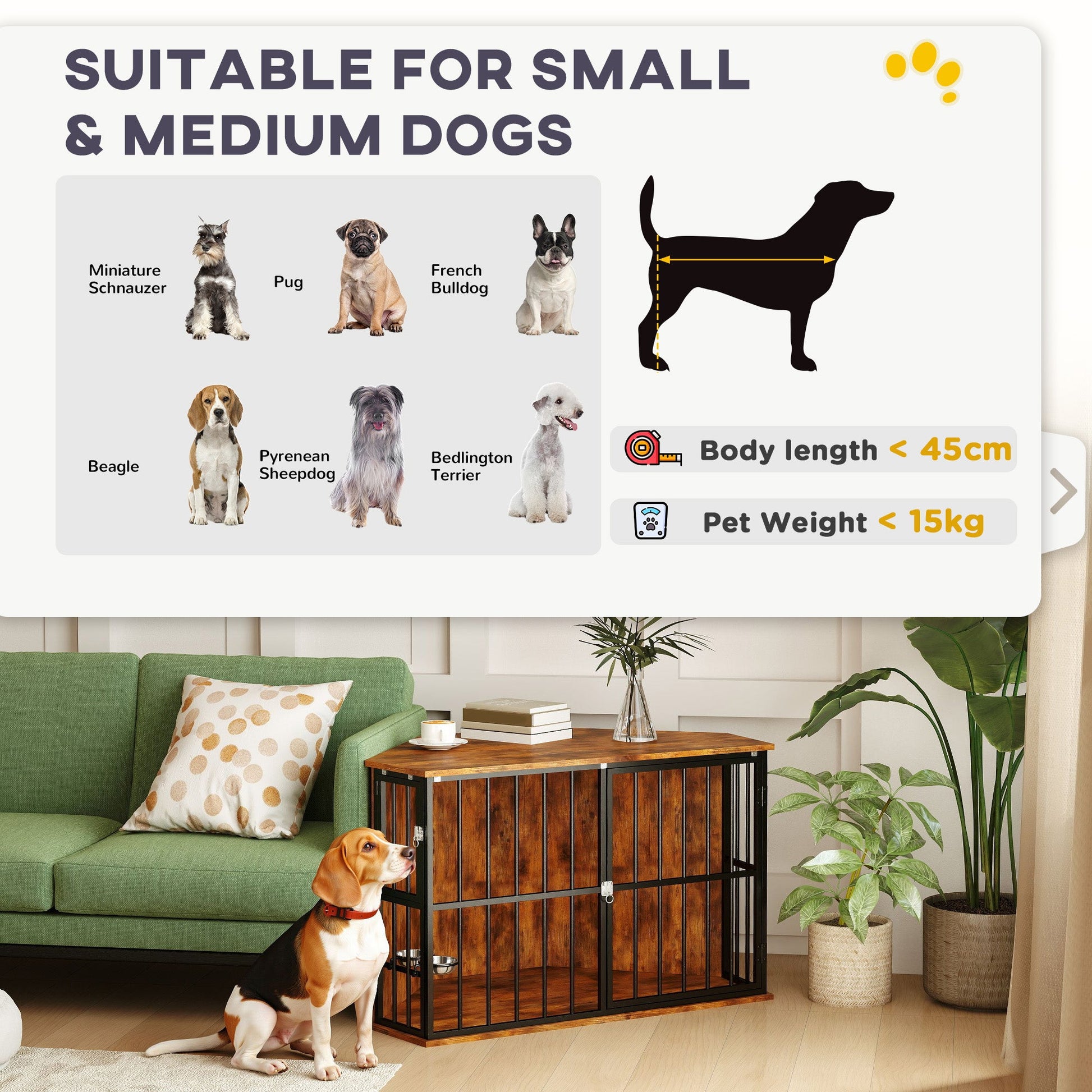 Corner Dog Crate Furniture, Dog Kennel Side End Table TV Stand with Two Bowls, Feeding Door, for Small, Medium Breeds, Rustic Brown