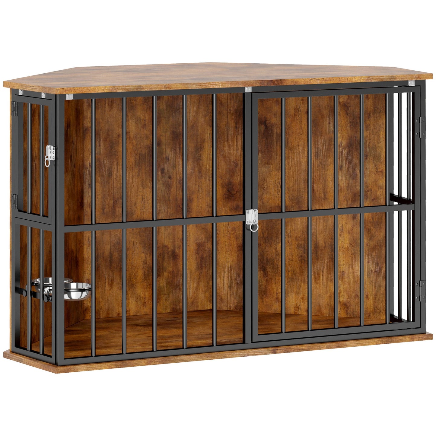 Corner Dog Crate Furniture, Dog Kennel Side End Table TV Stand with Two Bowls, Feeding Door, for Small, Medium Breeds, Rustic Brown