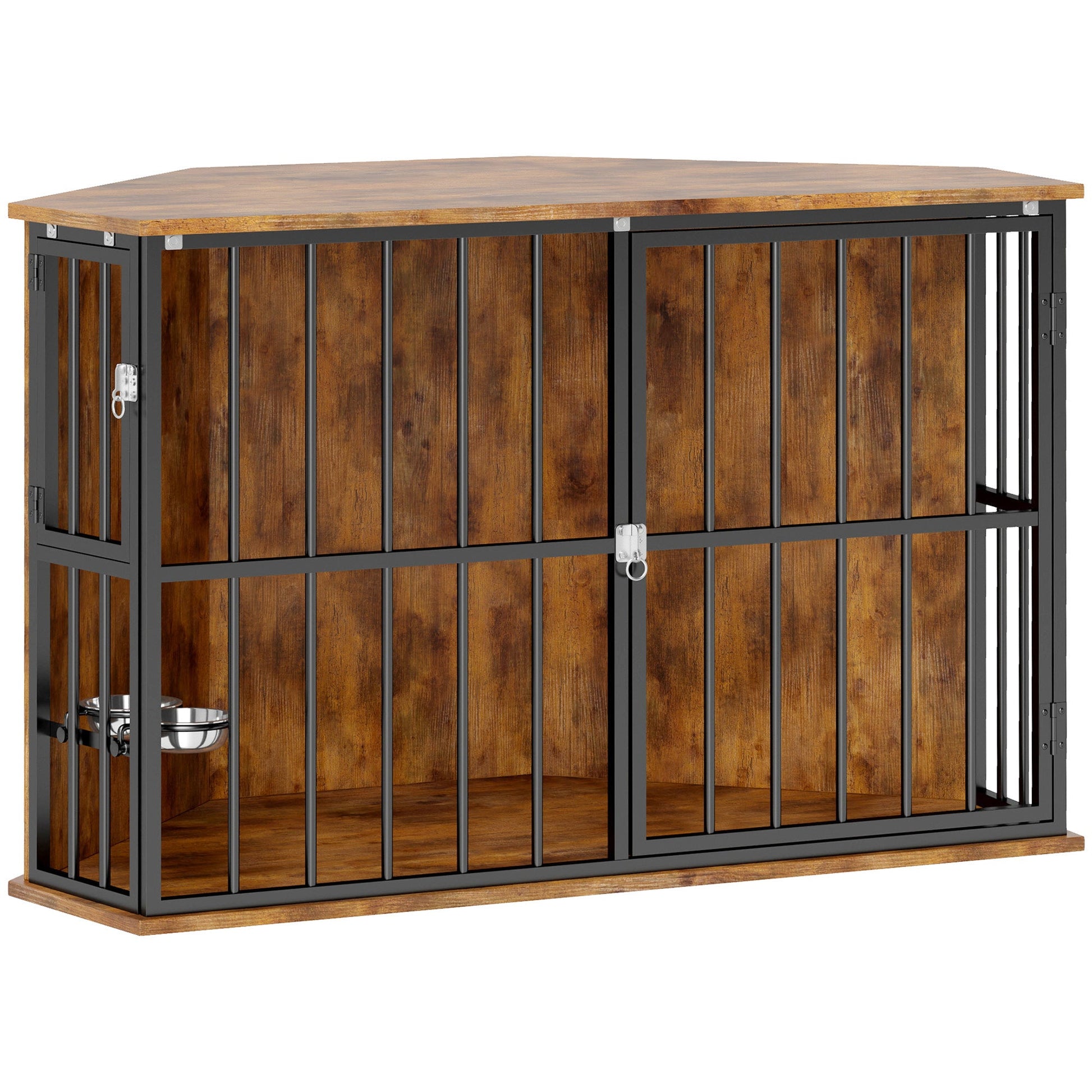 Corner Dog Crate Furniture, Dog Kennel Side End Table TV Stand with Two Bowls, Feeding Door, for Small, Medium Breeds, Rustic Brown