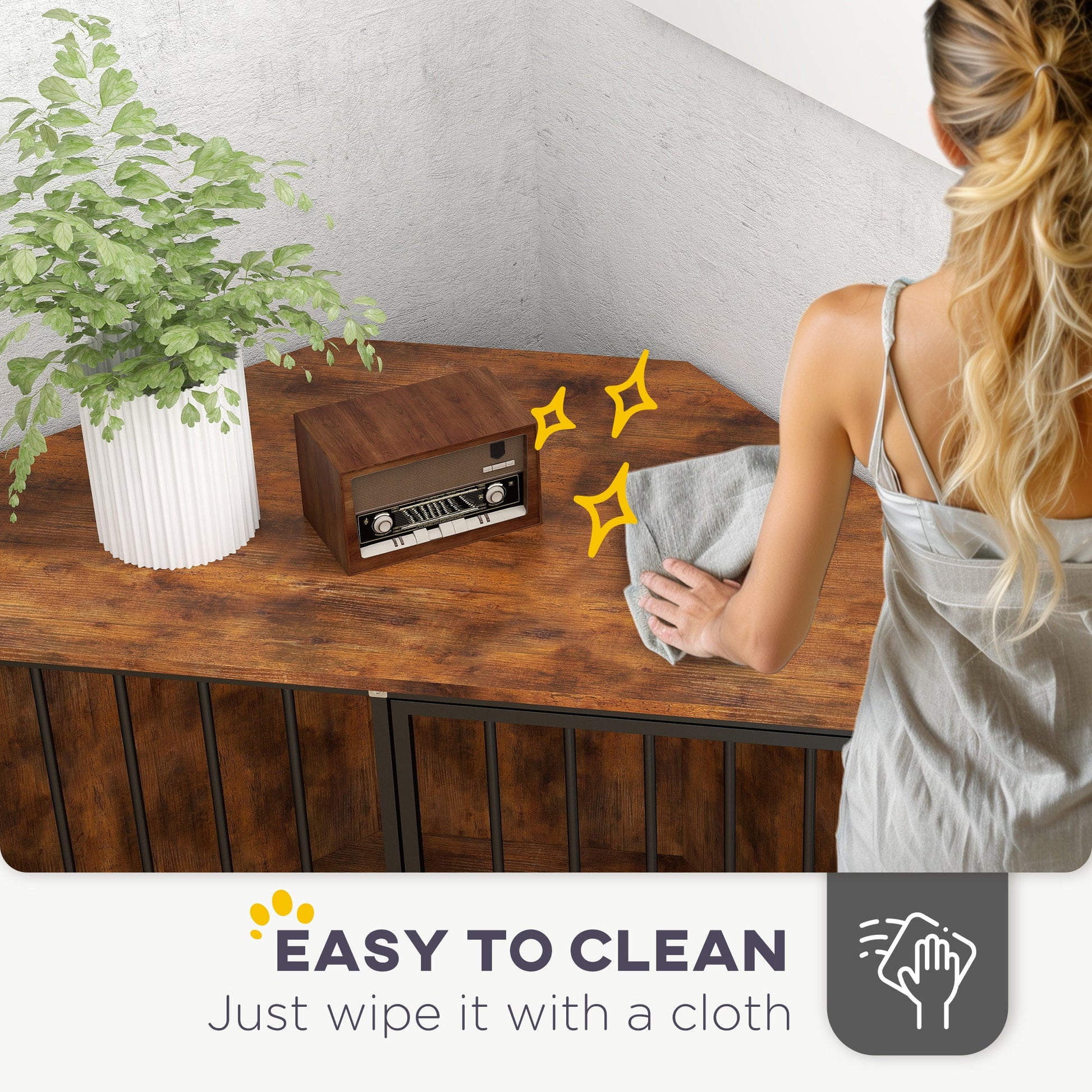 Corner Dog Crate Furniture, Dog Kennel Side End Table TV Stand with Two Bowls, Feeding Door, for Small, Medium Breeds, Rustic Brown