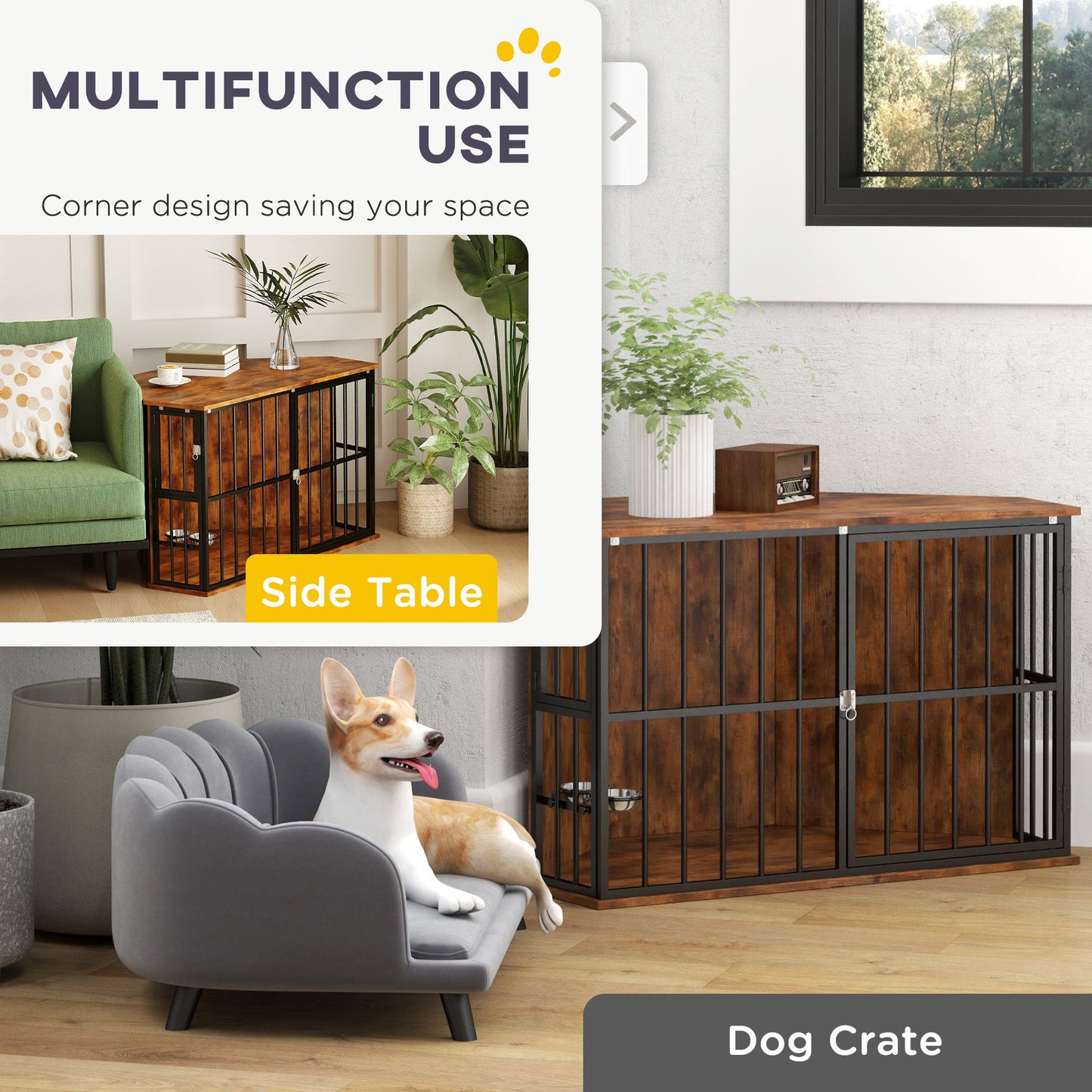 Corner Dog Crate Furniture, Dog Kennel Side End Table TV Stand with Two Bowls, Feeding Door, for Small, Medium Breeds, Rustic Brown