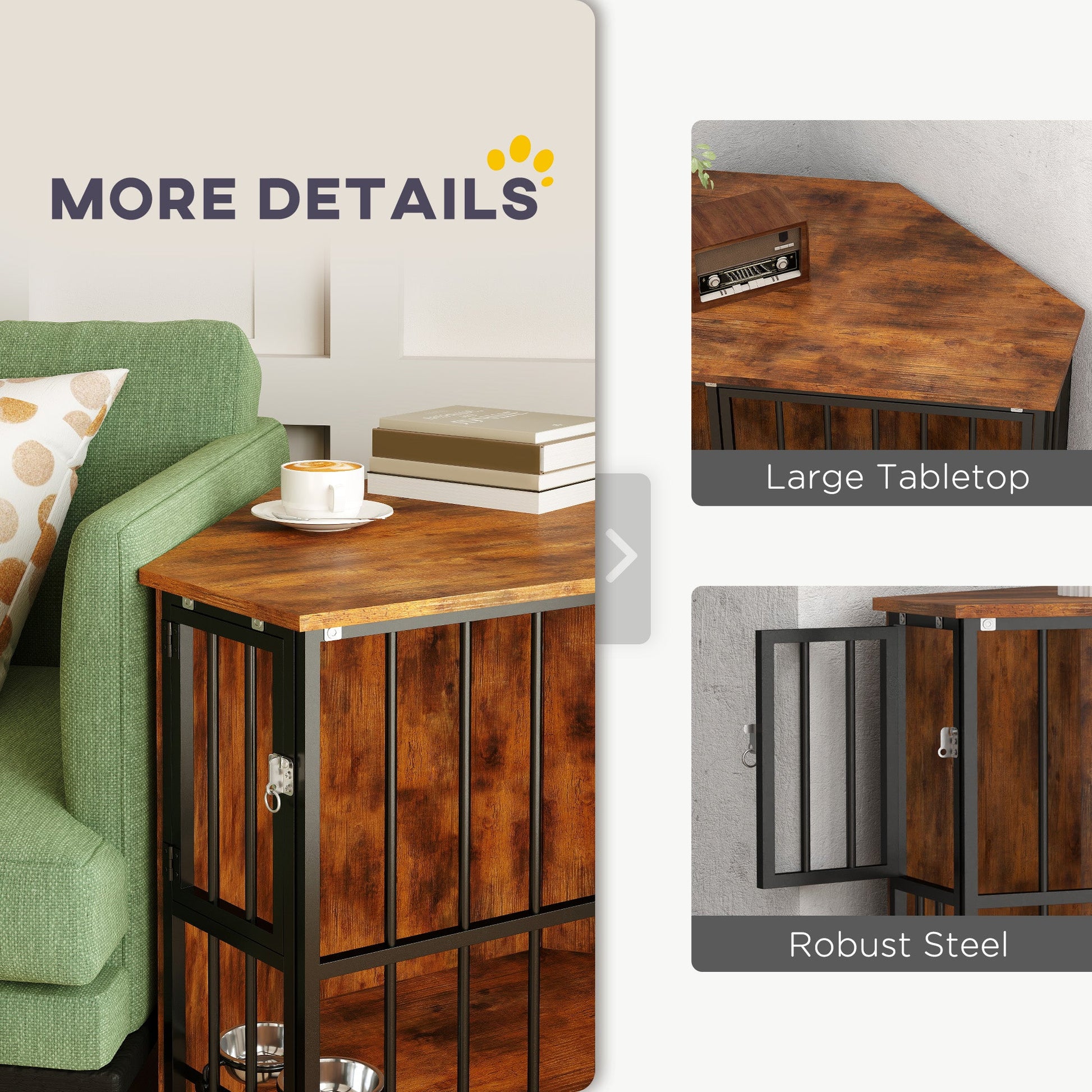 Corner Dog Crate Furniture, Dog Kennel Side End Table TV Stand with Two Bowls, Feeding Door, for Small, Medium Breeds, Rustic Brown