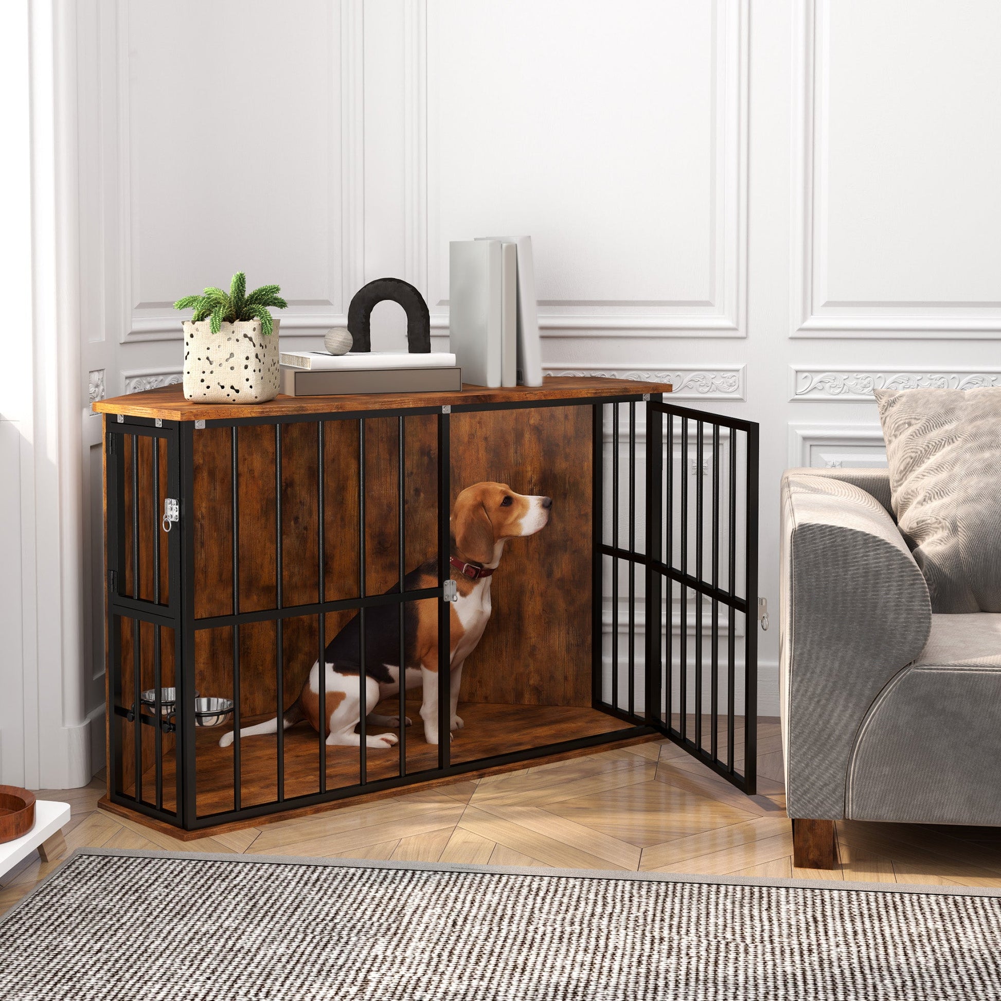 Corner Dog Crate Furniture, Dog Kennel Side End Table TV Stand with Two Bowls, Feeding Door, for Small, Medium Breeds, Rustic Brown
