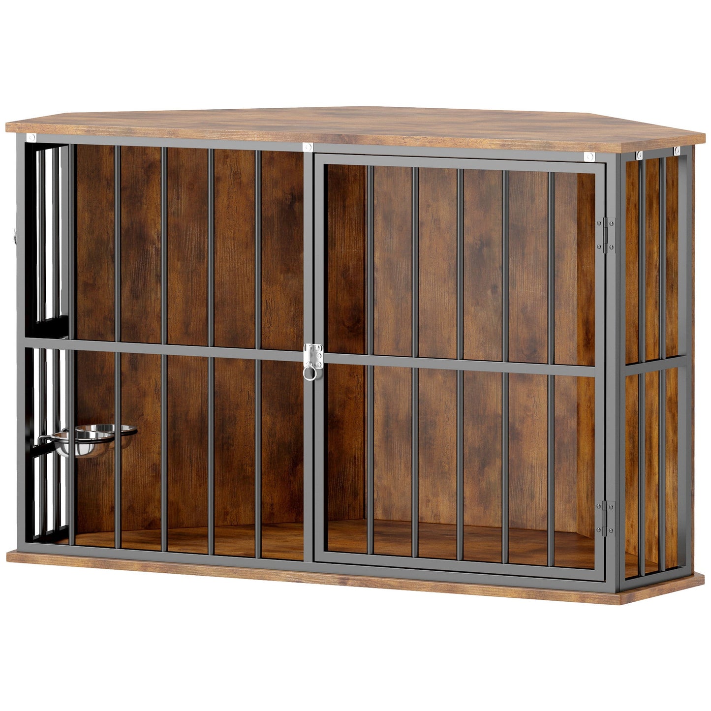 Corner Dog Crate Furniture, Dog Kennel Side End Table TV Stand with Two Bowls, Feeding Door, for Small, Medium Breeds, Rustic Brown