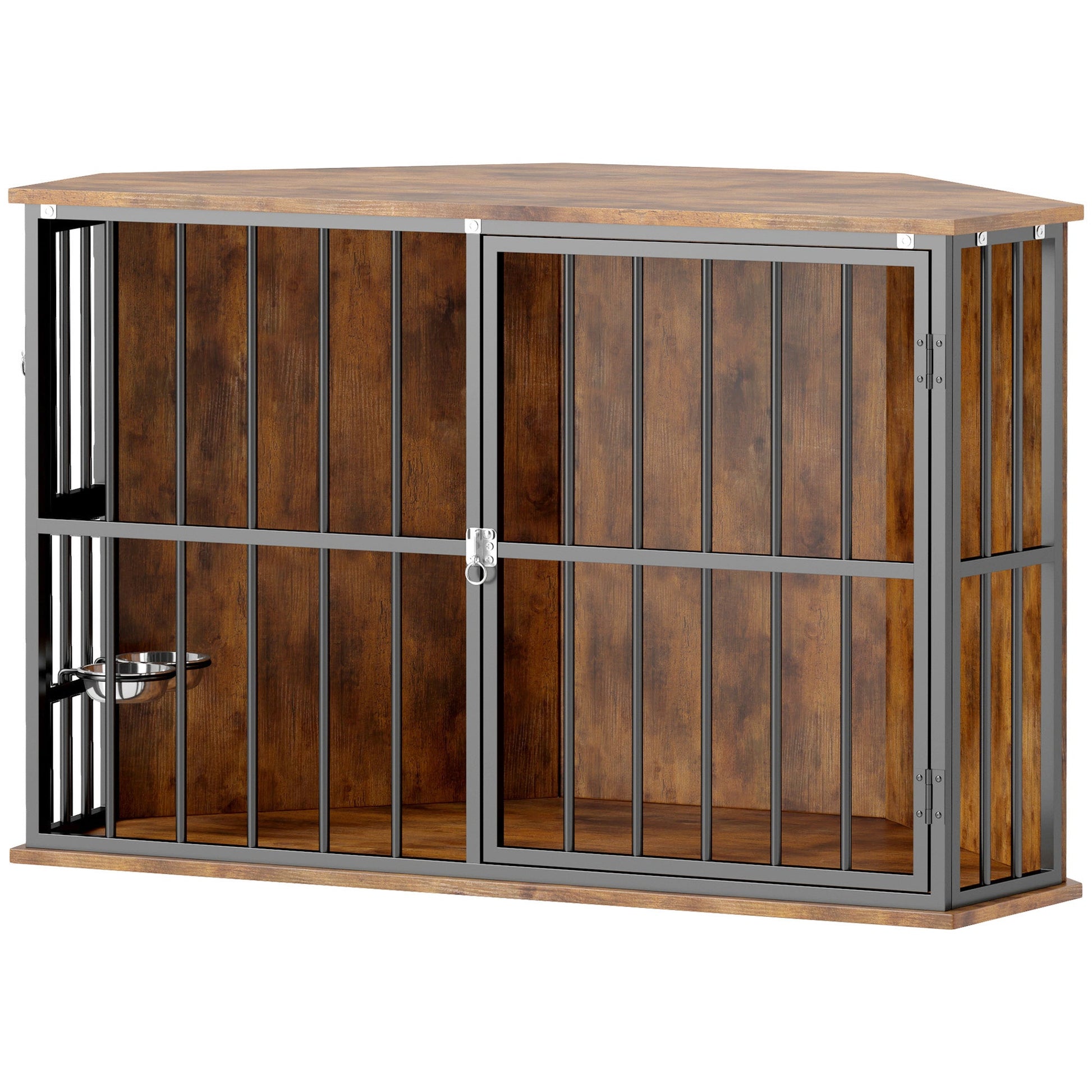 Corner Dog Crate Furniture, Dog Kennel Side End Table TV Stand with Two Bowls, Feeding Door, for Small, Medium Breeds, Rustic Brown