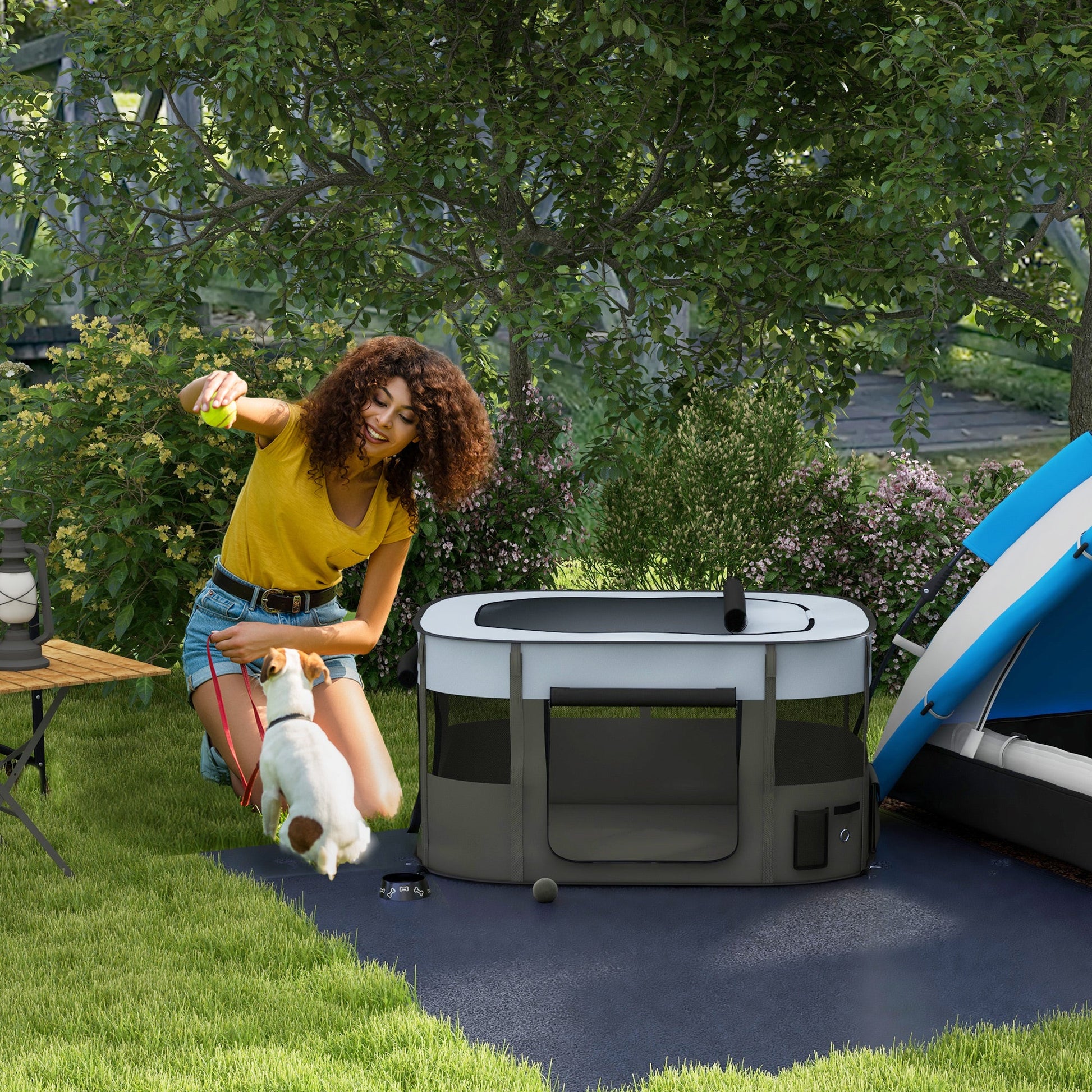 Dog Pen, Pet Playpen, Portable Foldable Dog Cat Playpen Soft Pet Cage with Storage Bag for Puppies, Rabbits, Kittens, Guinea Pigs, 114 x 89 x 59cm - Grey