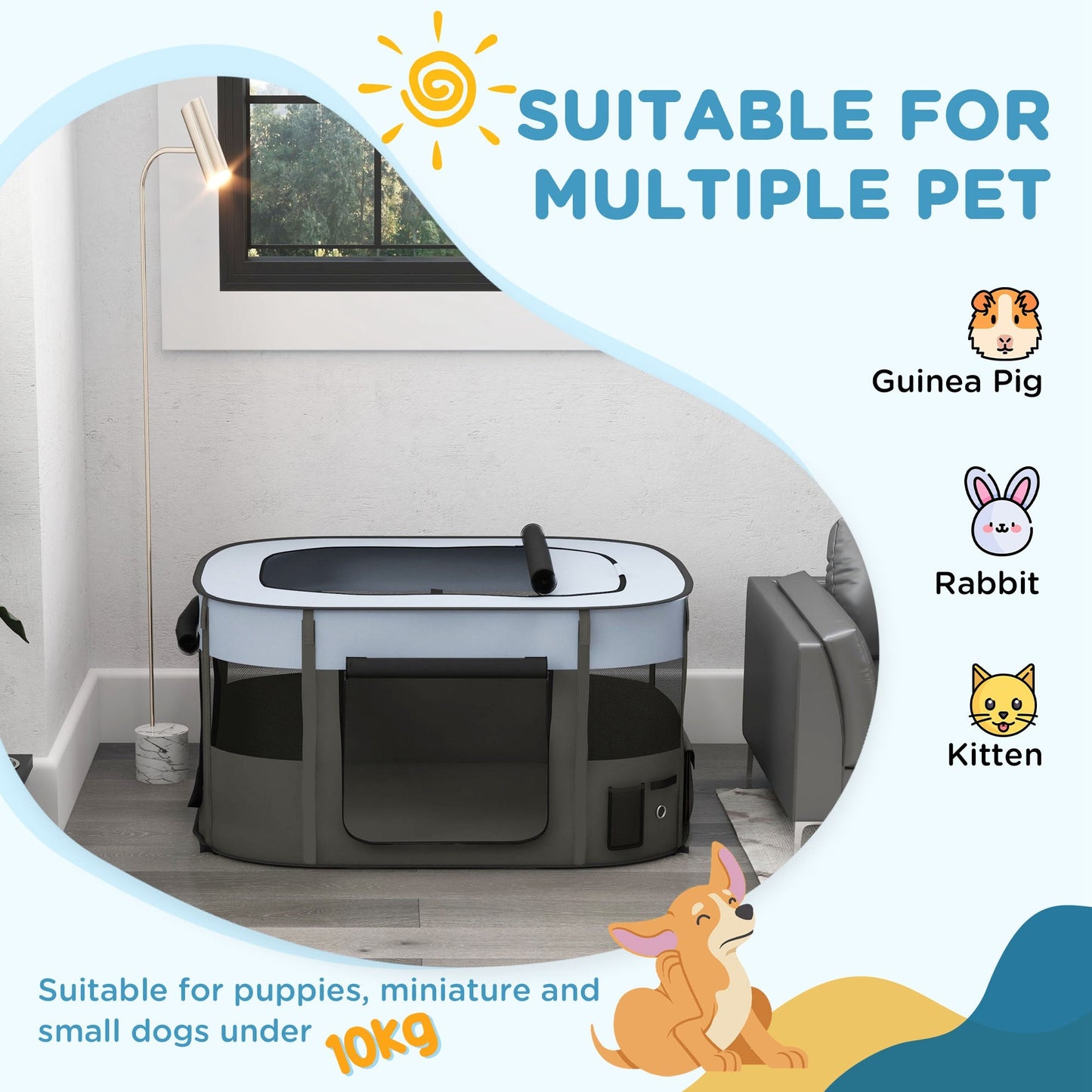 Dog Pen, Pet Playpen, Portable Foldable Dog Cat Playpen Soft Pet Cage with Storage Bag for Puppies, Rabbits, Kittens, Guinea Pigs, 114 x 89 x 59cm - Grey