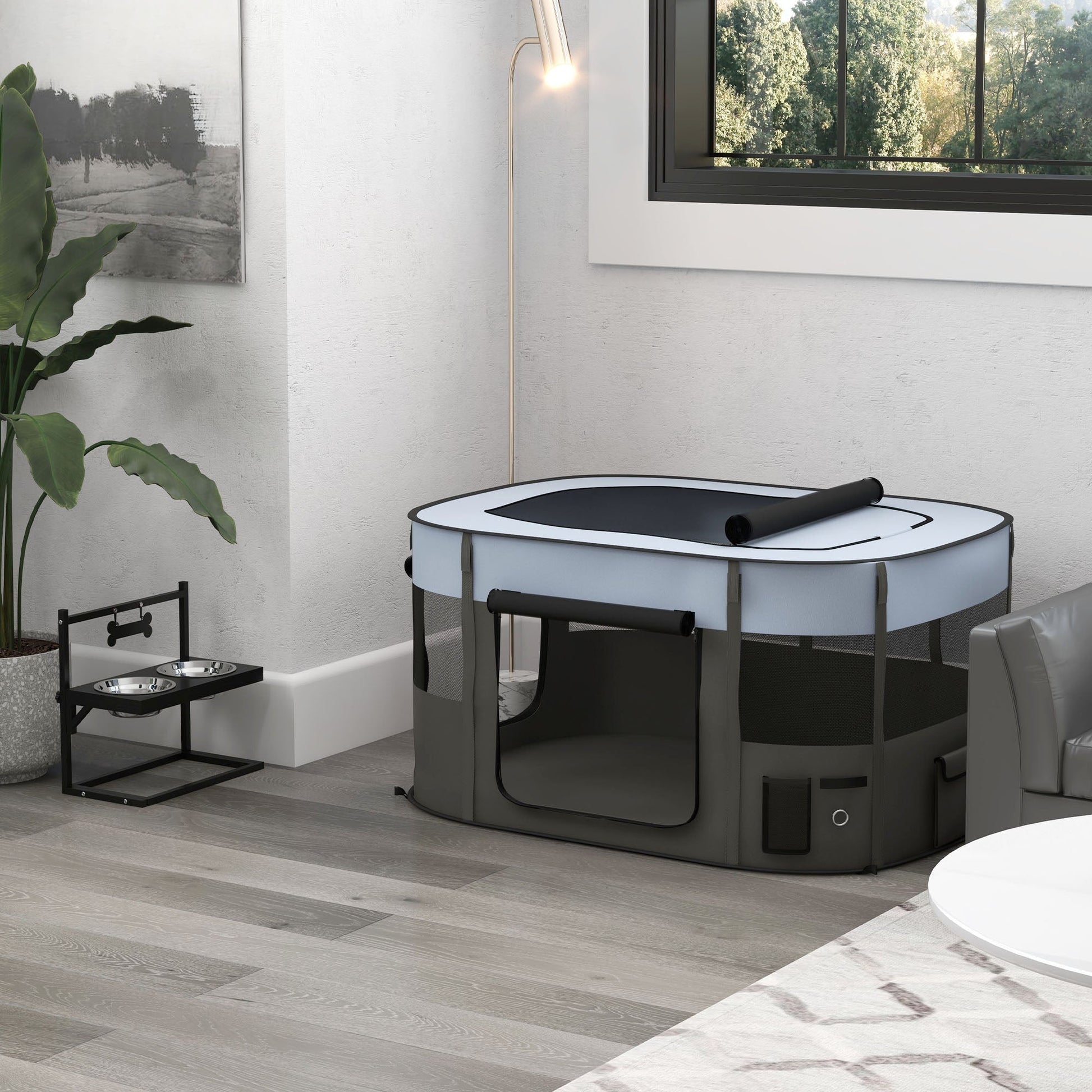 Dog Pen, Pet Playpen, Portable Foldable Dog Cat Playpen Soft Pet Cage with Storage Bag for Puppies, Rabbits, Kittens, Guinea Pigs, 114 x 89 x 59cm - Grey