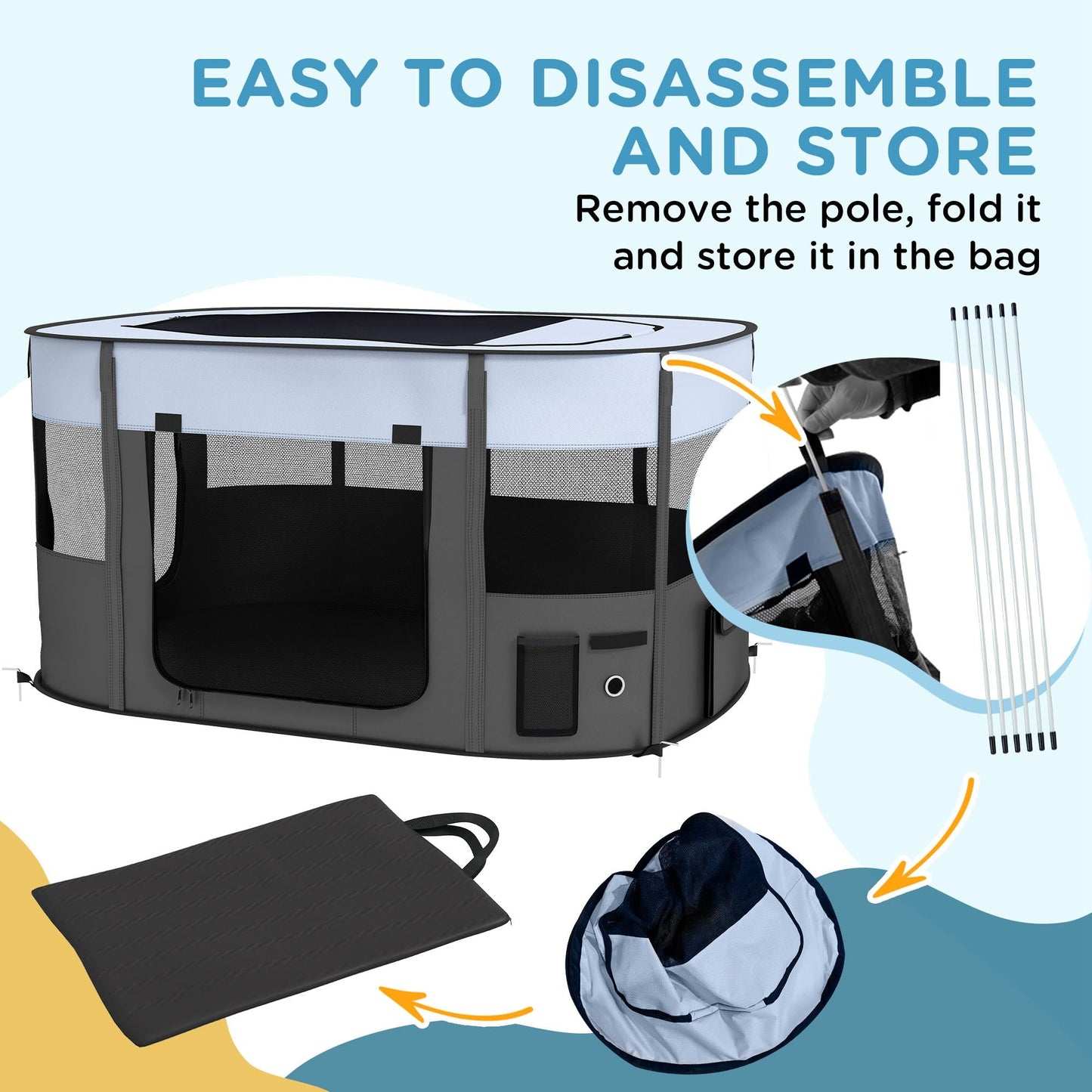 Dog Pen, Pet Playpen, Portable Foldable Dog Cat Playpen Soft Pet Cage with Storage Bag for Puppies, Rabbits, Kittens, Guinea Pigs, 114 x 89 x 59cm - Grey