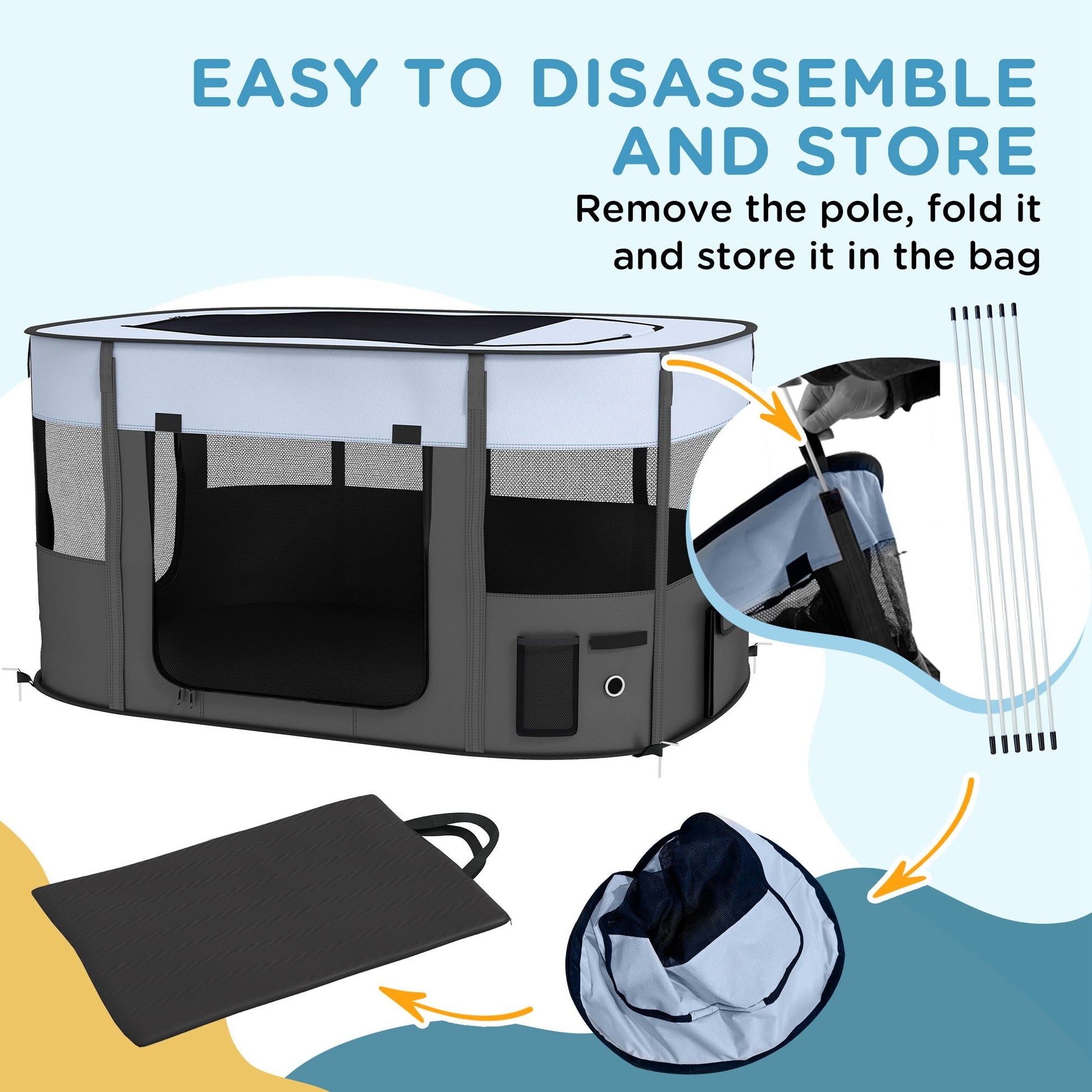 Dog Pen, Pet Playpen, Portable Foldable Dog Cat Playpen Soft Pet Cage with Storage Bag for Puppies, Rabbits, Kittens, Guinea Pigs, 114 x 89 x 59cm - Grey