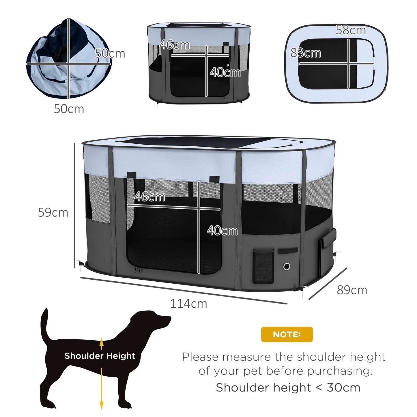 Dog Pen, Pet Playpen, Portable Foldable Dog Cat Playpen Soft Pet Cage with Storage Bag for Puppies, Rabbits, Kittens, Guinea Pigs, 114 x 89 x 59cm - Grey