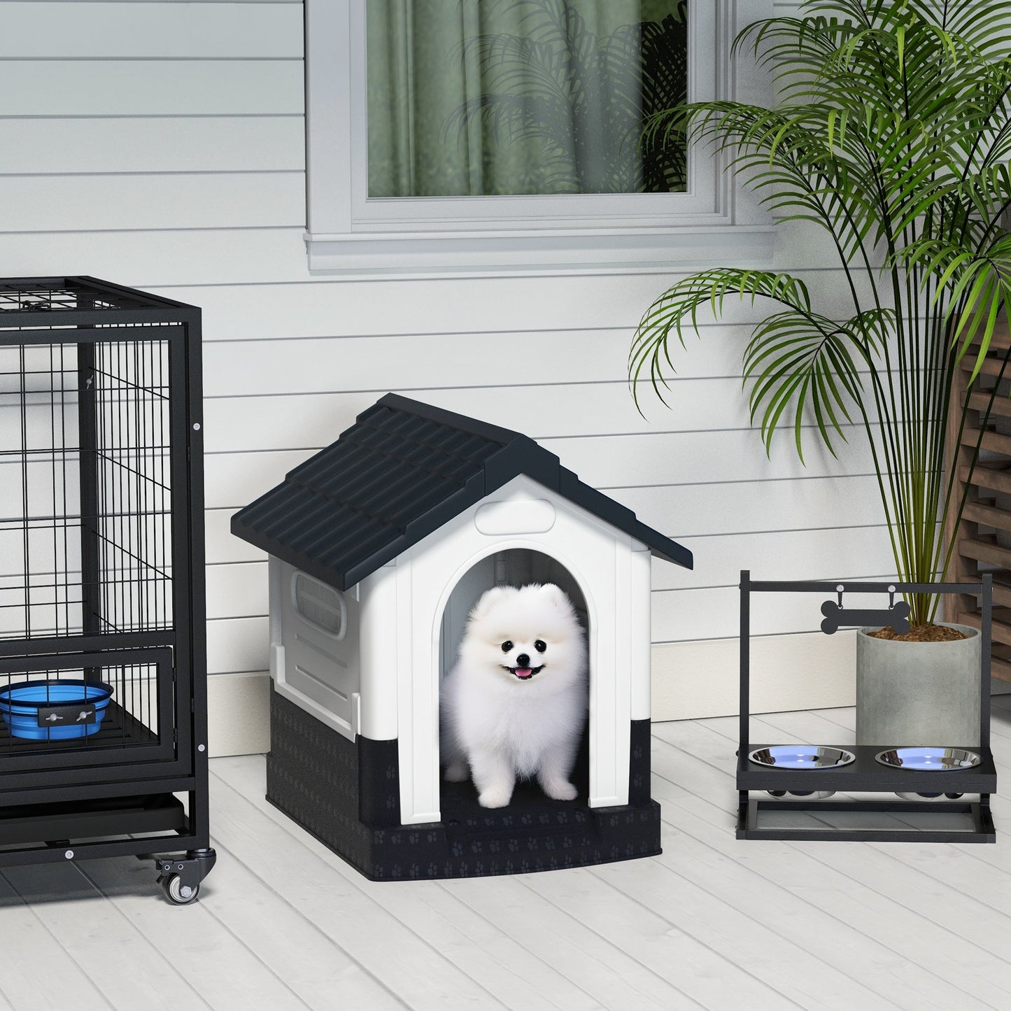 Dog Kennel for Outside, Plastic Dog House, Water-Resistant Pet Shelter with Windows, for Garden Patio, Miniature Dogs, 64.5 x 57 x 66cm - Grey