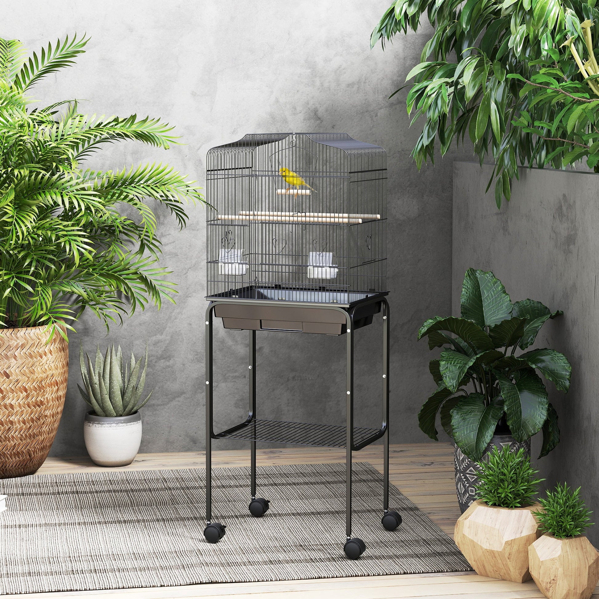Bird Cage Budgie Cages for Finch Canary Parakeet with Stand Wheels Slide-out Tray Accessories Storage Shelf, Black 46.5 x 36 x 124 cm