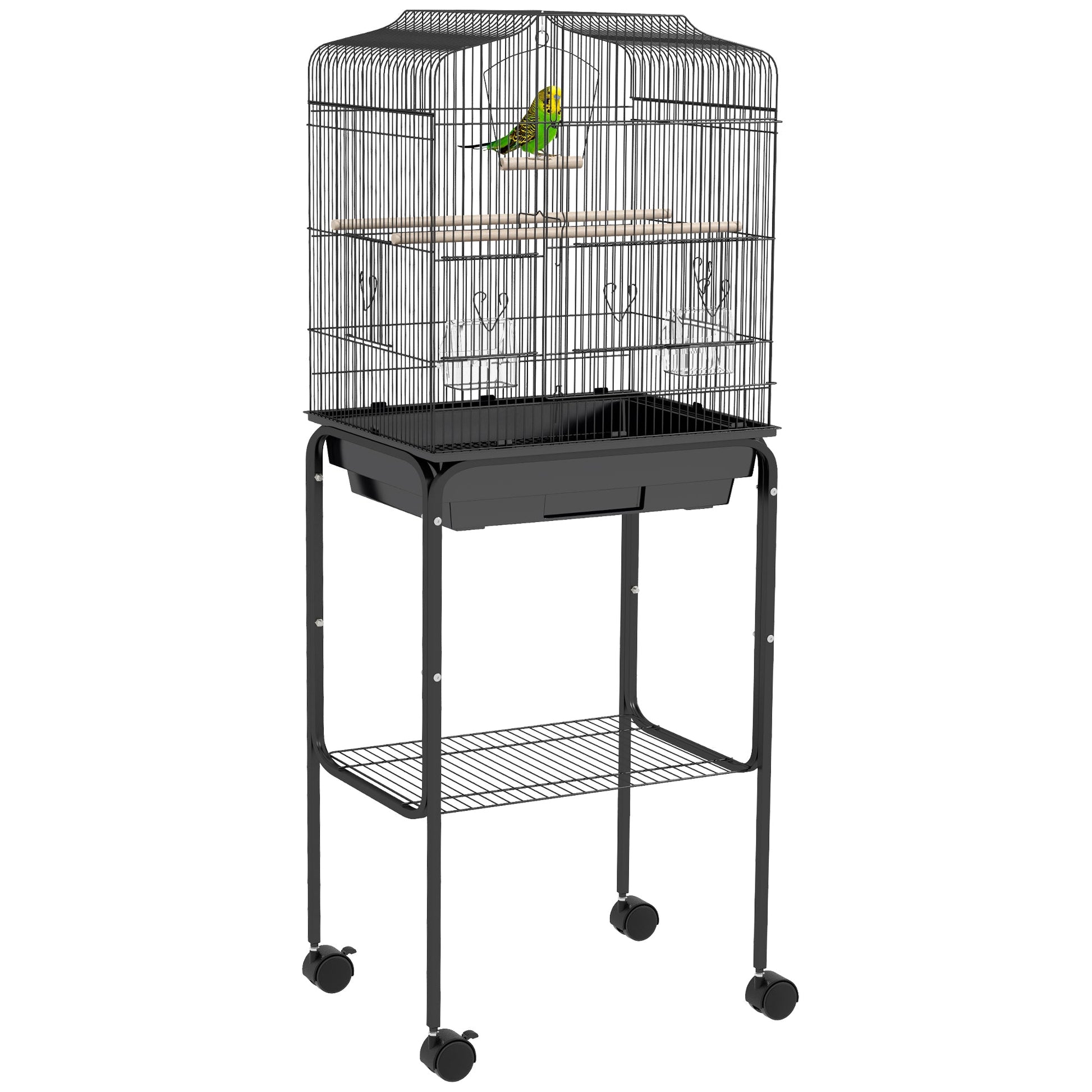 Bird Cage Budgie Cages for Finch Canary Parakeet with Stand Wheels Slide-out Tray Accessories Storage Shelf, Black 46.5 x 36 x 124 cm