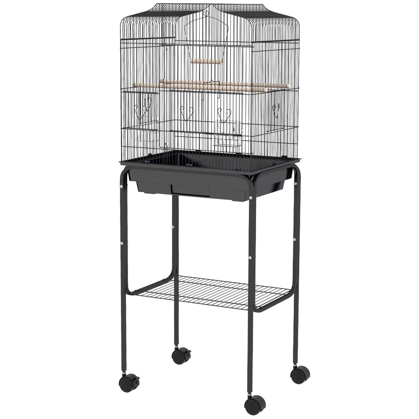 Bird Cage Budgie Cages for Finch Canary Parakeet with Stand Wheels Slide-out Tray Accessories Storage Shelf, Black 46.5 x 36 x 124 cm