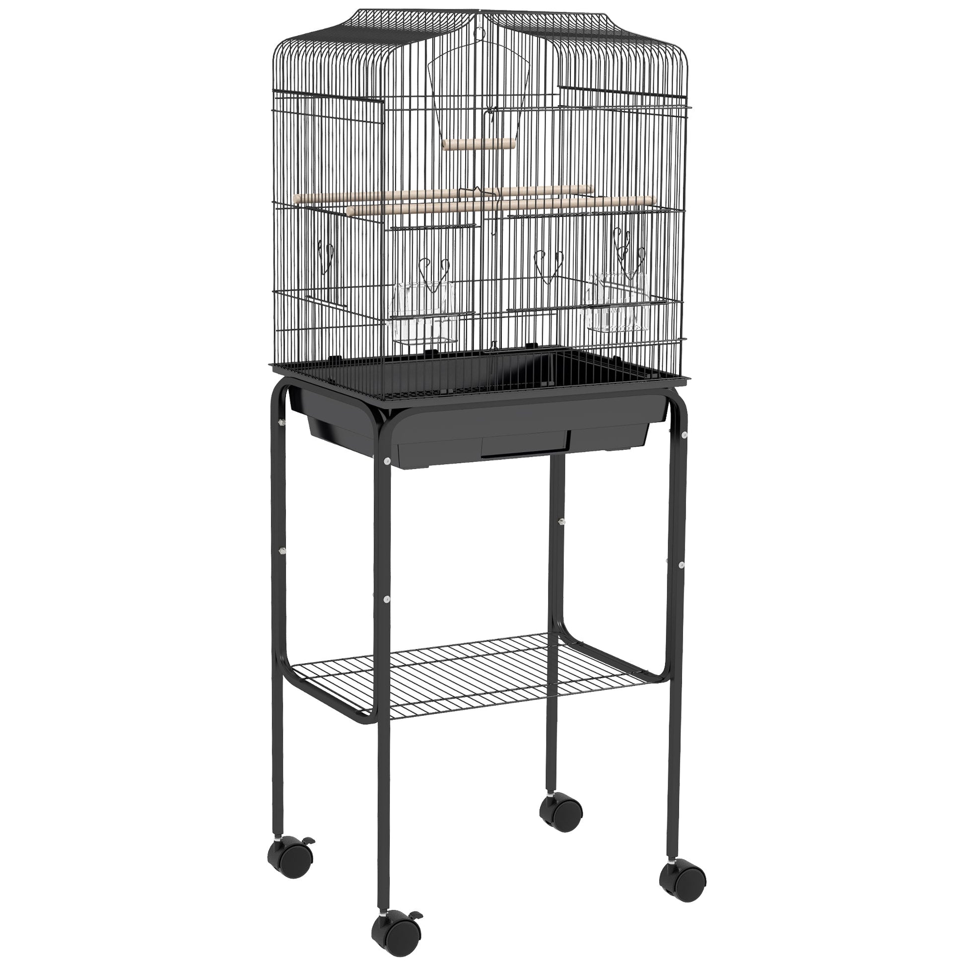 Bird Cage Budgie Cages for Finch Canary Parakeet with Stand Wheels Slide-out Tray Accessories Storage Shelf, Black 46.5 x 36 x 124 cm