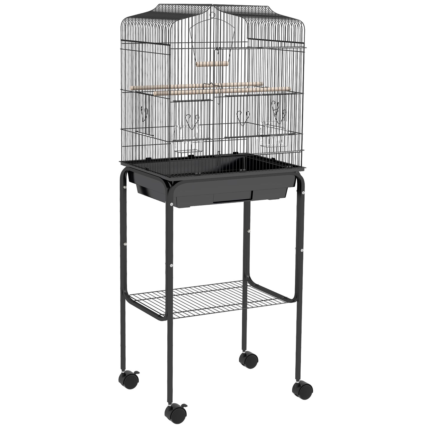 Bird Cage Budgie Cages for Finch Canary Parakeet with Stand Wheels Slide-out Tray Accessories Storage Shelf, Black 46.5 x 36 x 124 cm