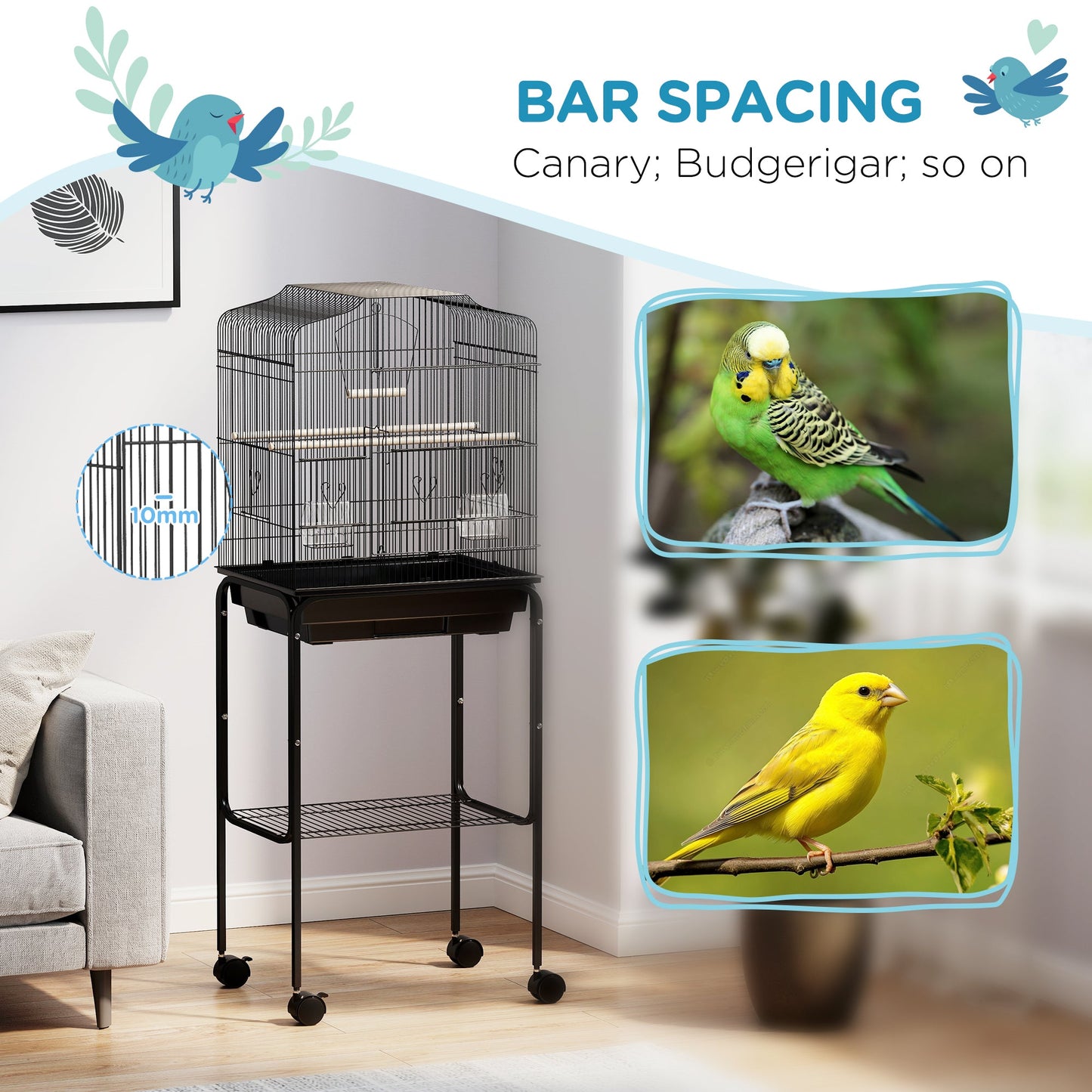 Bird Cage Budgie Cages for Finch Canary Parakeet with Stand Wheels Slide-out Tray Accessories Storage Shelf, Black 46.5 x 36 x 124 cm
