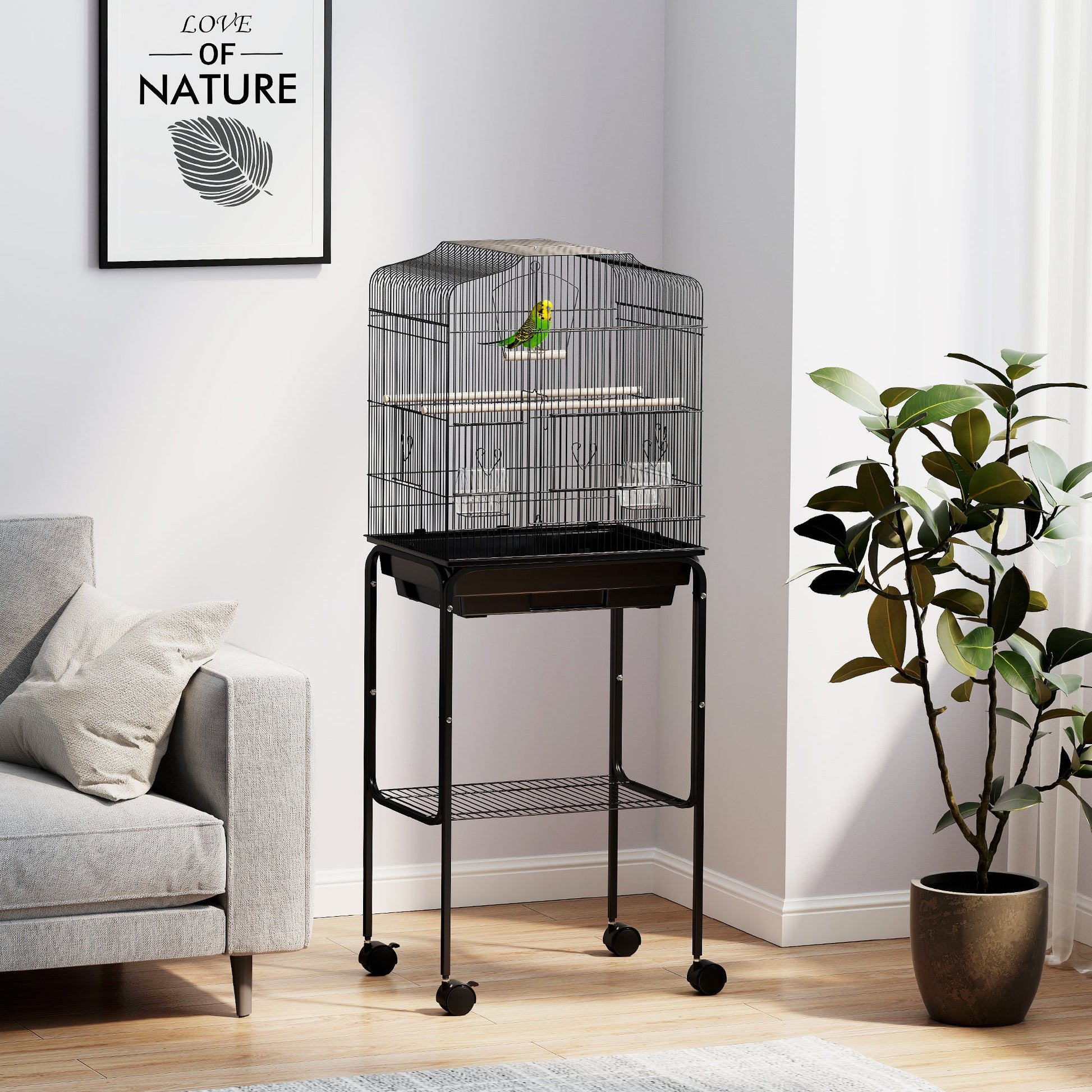 Bird Cage Budgie Cages for Finch Canary Parakeet with Stand Wheels Slide-out Tray Accessories Storage Shelf, Black 46.5 x 36 x 124 cm