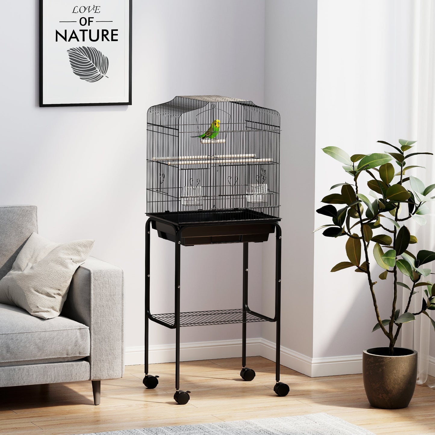 Bird Cage Budgie Cages for Finch Canary Parakeet with Stand Wheels Slide-out Tray Accessories Storage Shelf, Black 46.5 x 36 x 124 cm