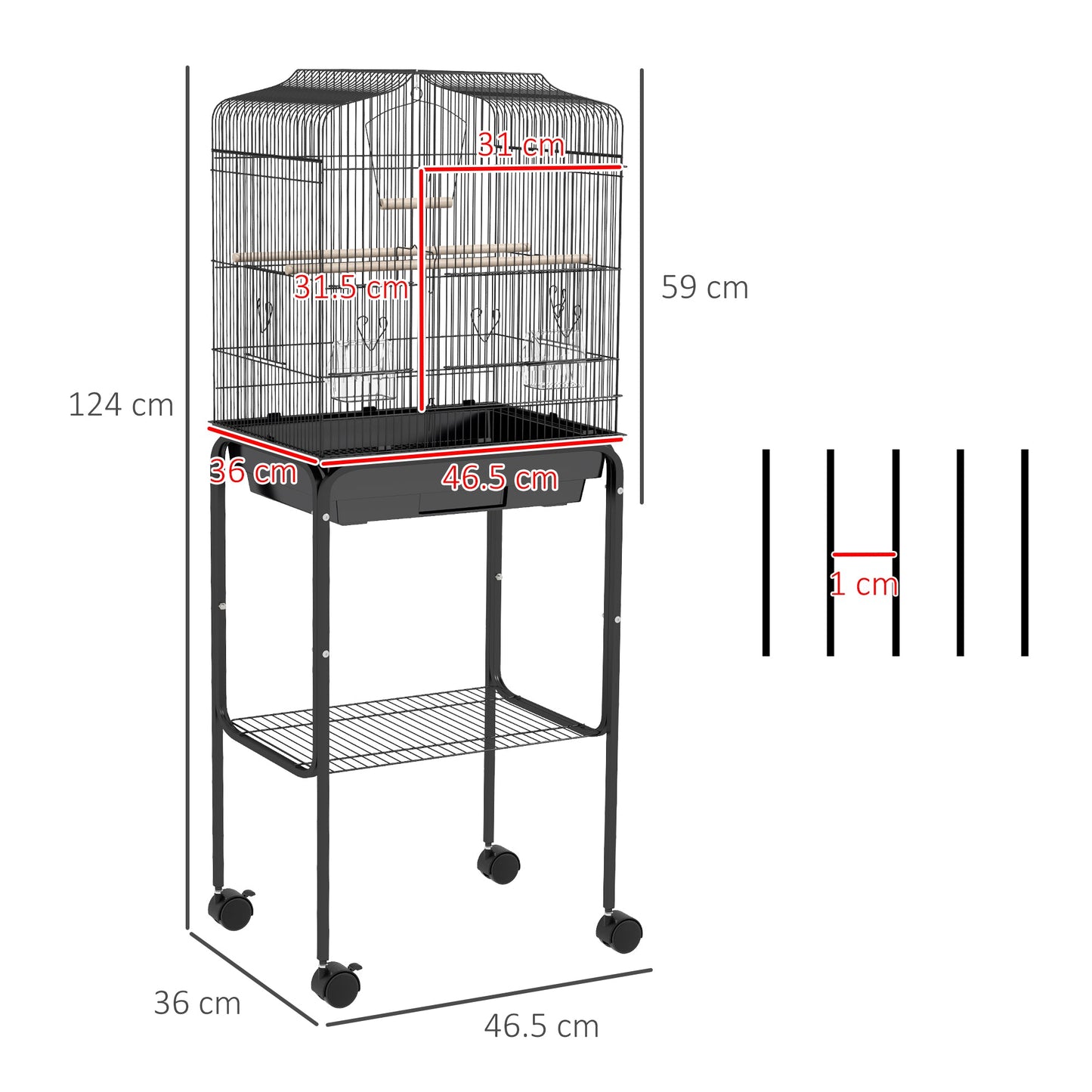 Bird Cage Budgie Cages for Finch Canary Parakeet with Stand Wheels Slide-out Tray Accessories Storage Shelf, Black 46.5 x 36 x 124 cm