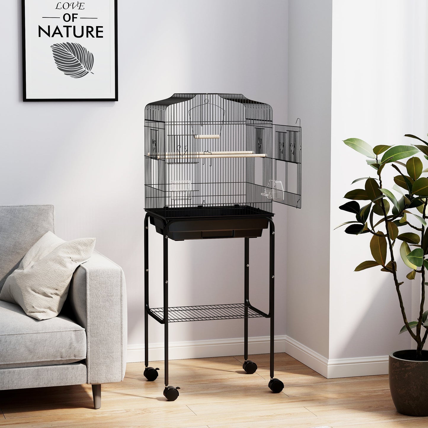 Bird Cage Budgie Cages for Finch Canary Parakeet with Stand Wheels Slide-out Tray Accessories Storage Shelf, Black 46.5 x 36 x 124 cm