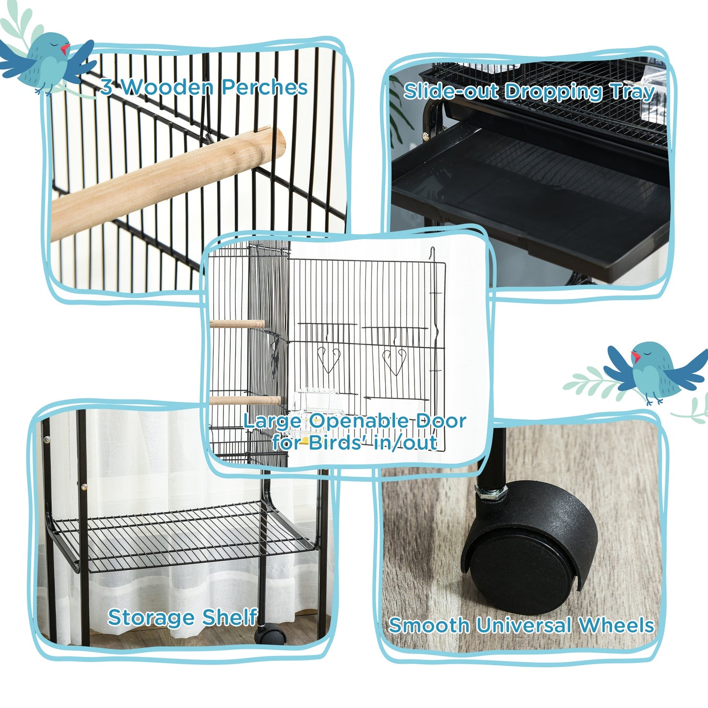 Bird Cage Budgie Cages for Finch Canary Parakeet with Stand Wheels Slide-out Tray Accessories Storage Shelf, Black 46.5 x 36 x 124 cm
