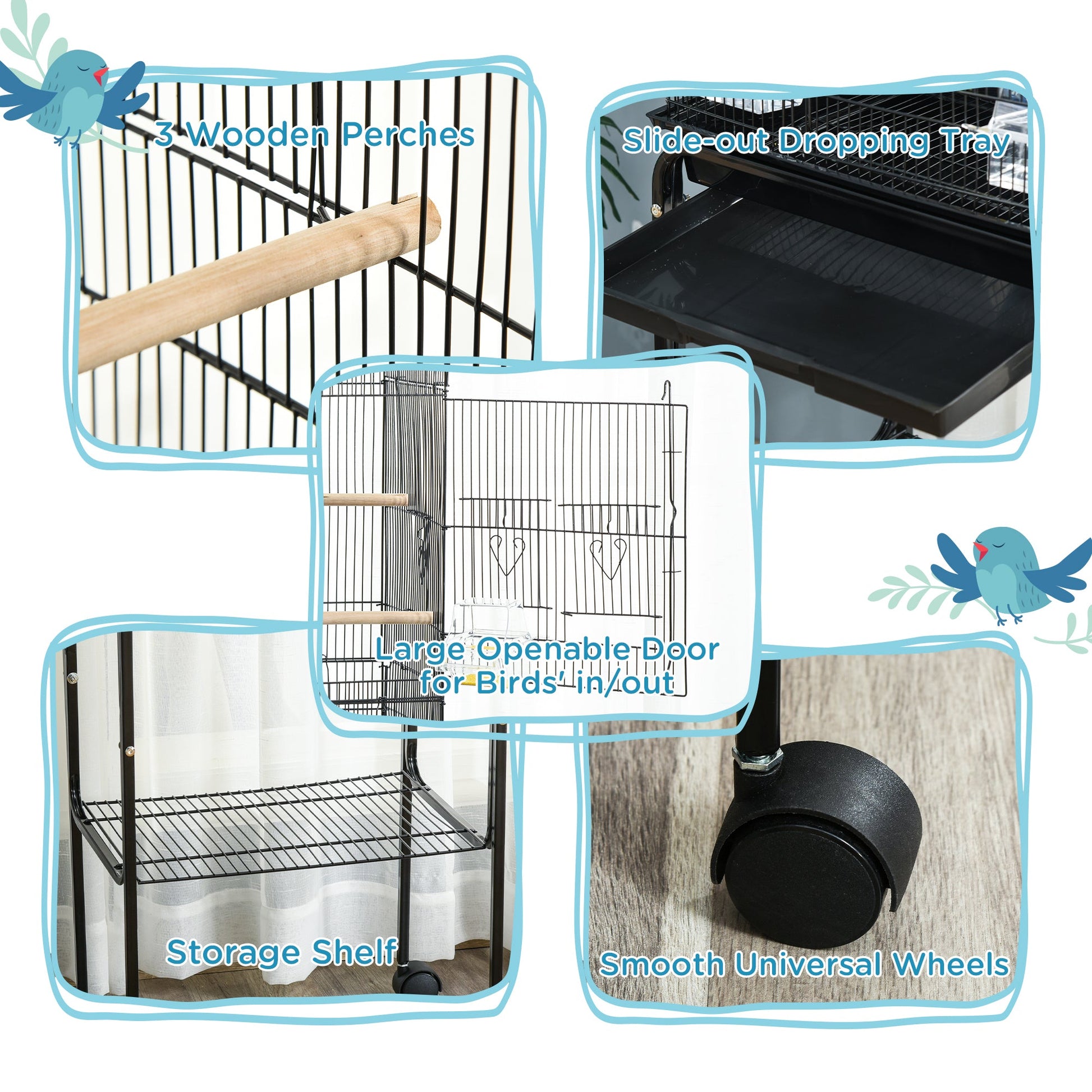 Bird Cage Budgie Cages for Finch Canary Parakeet with Stand Wheels Slide-out Tray Accessories Storage Shelf, Black 46.5 x 36 x 124 cm