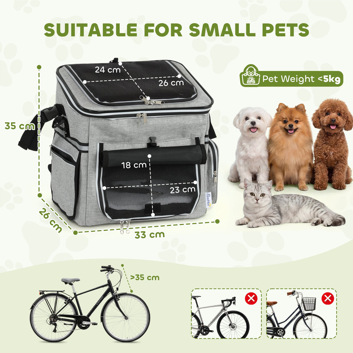 Dog Bike Basket, Soft-Sided Pet Carrier with Security Leash, Mesh Door & Window, Plush Cushion, Bowl for Small Dogs Cats, Up to 5 kg, Portable Breathable, Light Grey