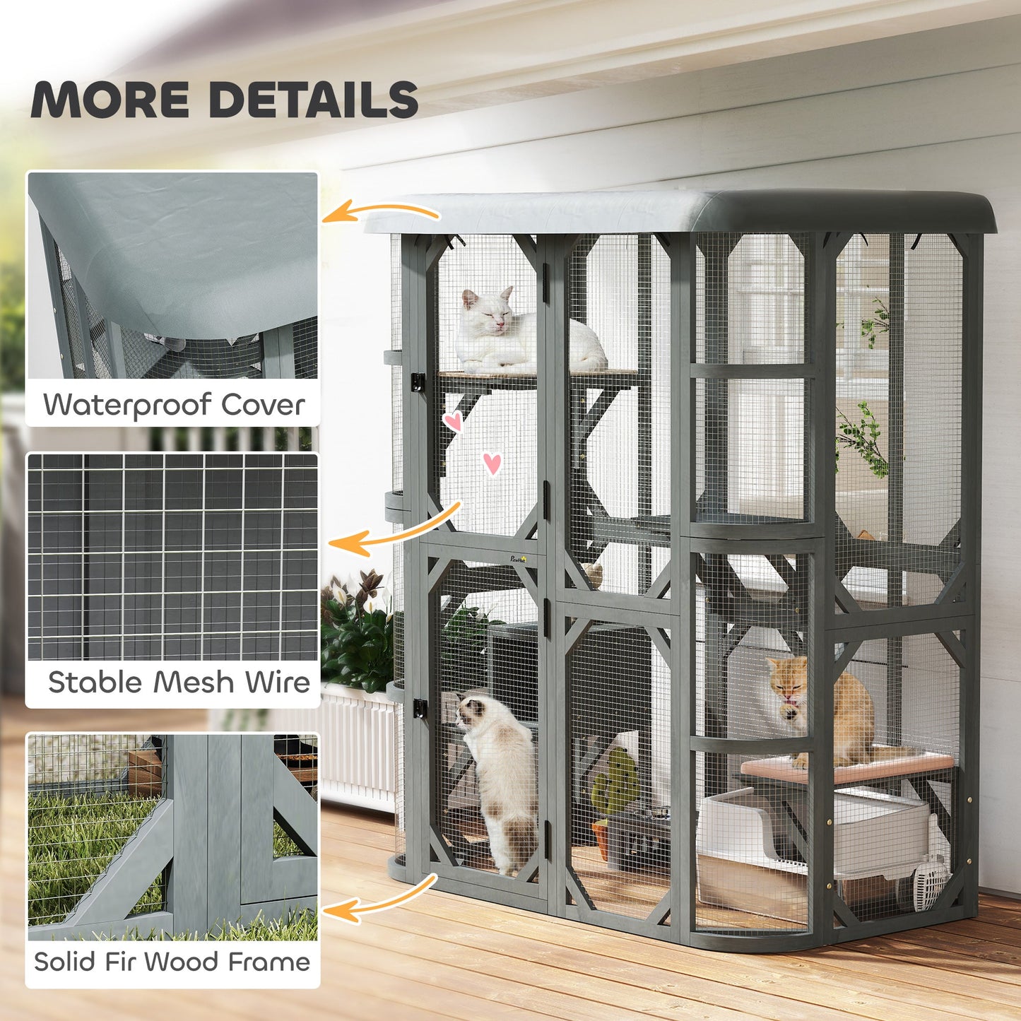 Walk-in Catio, Outdoor Cat Enclosure with 4 Jumping Platforms, Condo and Waterproof Cover, Outdoor Indoor Large Cat House for 2–3 Kittens, 156 x 80x 180 cm, Grey
