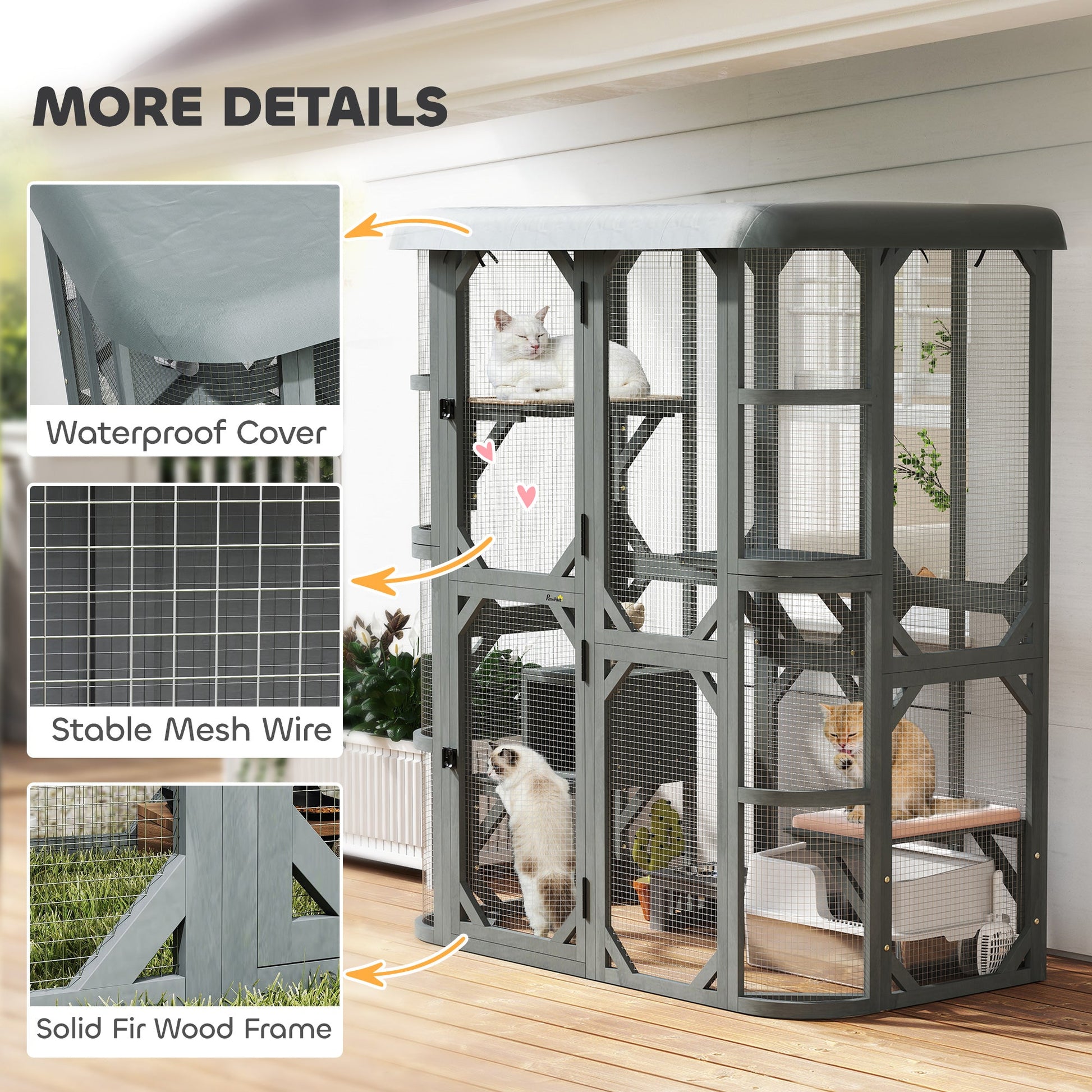 Walk-in Catio, Outdoor Cat Enclosure with 4 Jumping Platforms, Condo and Waterproof Cover, Outdoor Indoor Large Cat House for 2–3 Kittens, 156 x 80x 180 cm, Grey