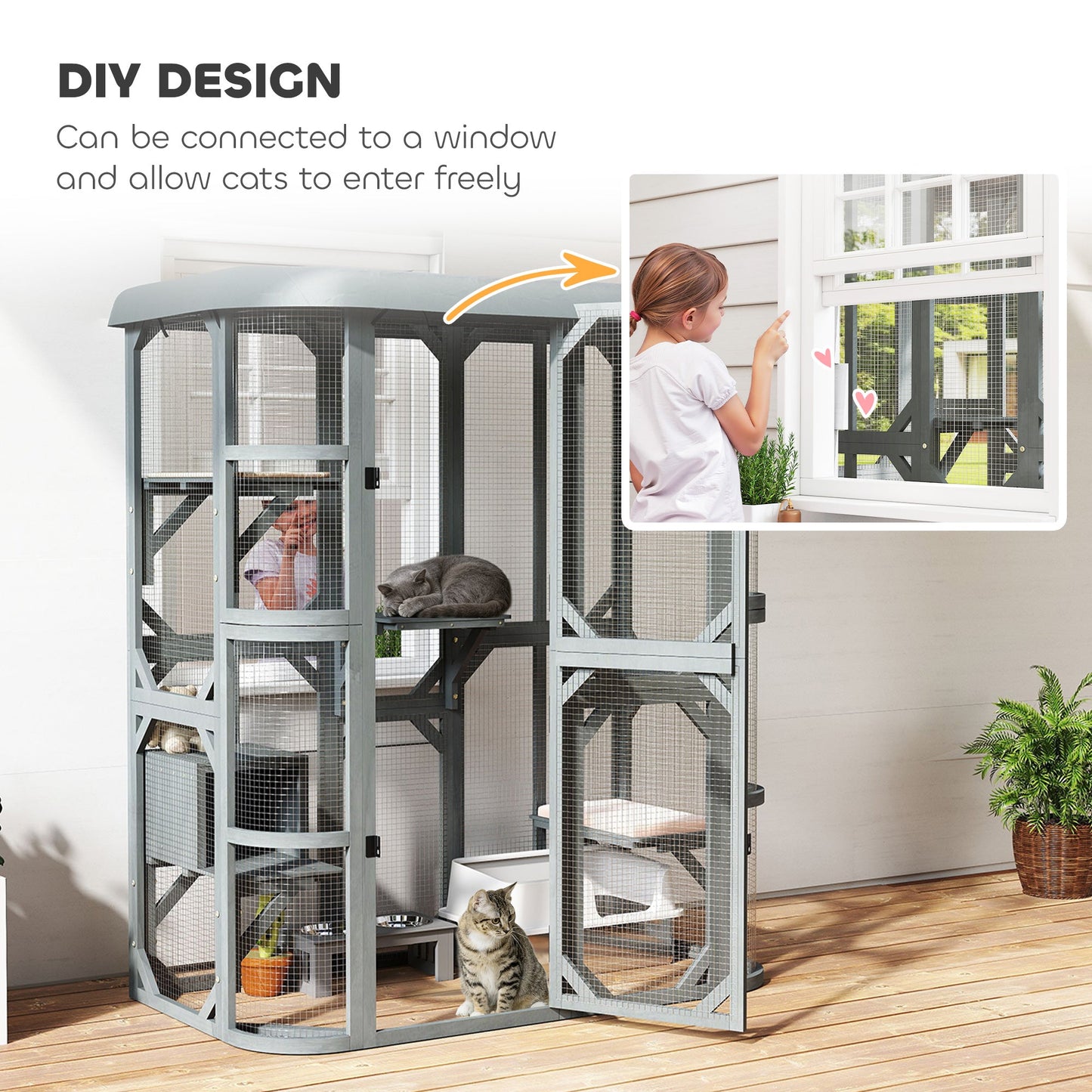 Walk-in Catio, Outdoor Cat Enclosure with 4 Jumping Platforms, Condo and Waterproof Cover, Outdoor Indoor Large Cat House for 2–3 Kittens, 156 x 80x 180 cm, Grey
