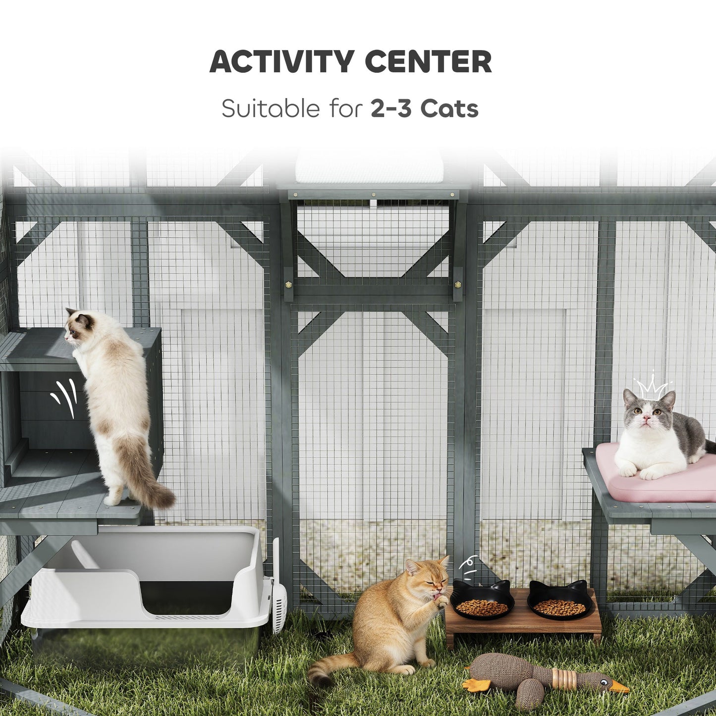 Walk-in Catio, Outdoor Cat Enclosure with 4 Jumping Platforms, Condo and Waterproof Cover, Outdoor Indoor Large Cat House for 2–3 Kittens, 156 x 80x 180 cm, Grey