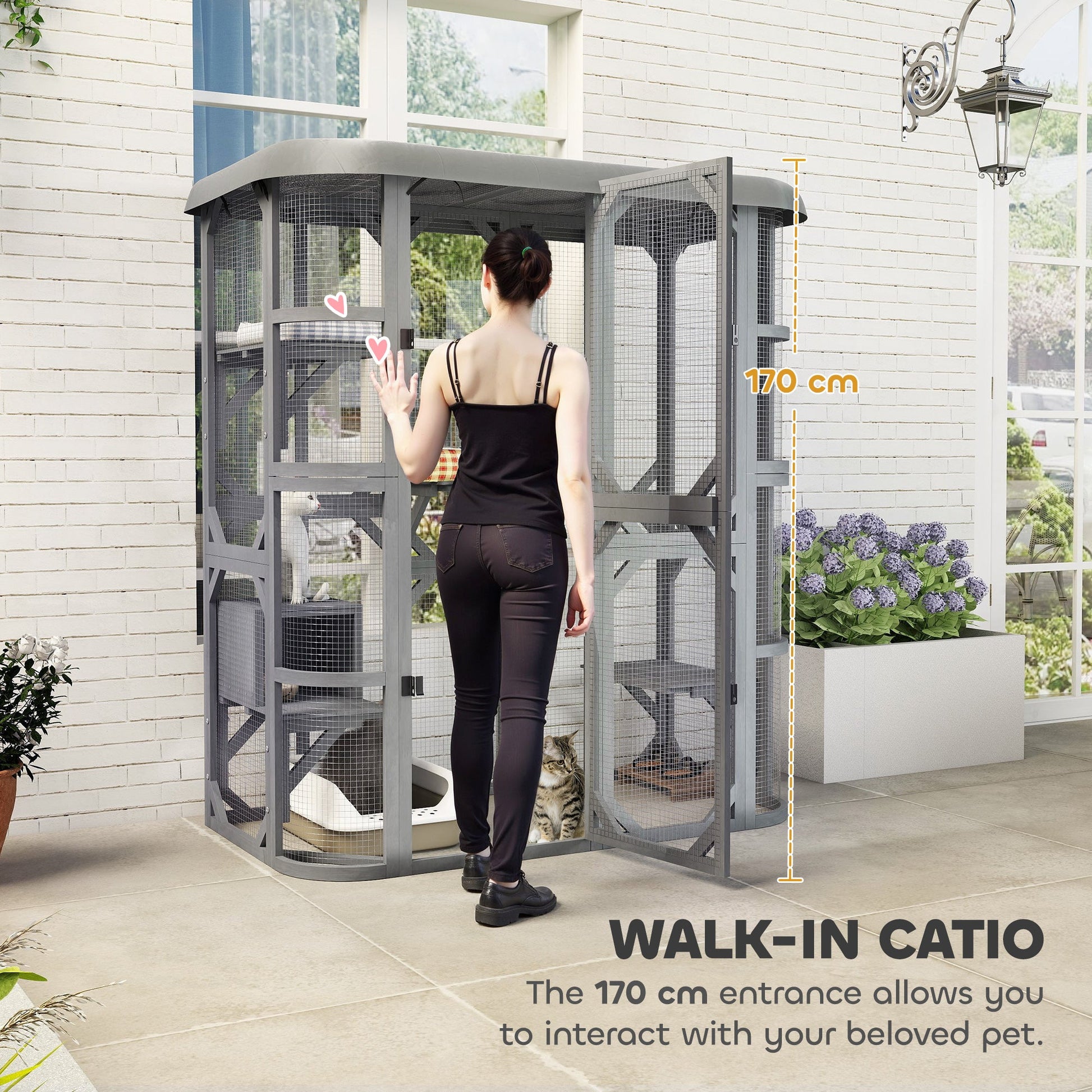 Walk-in Catio, Outdoor Cat Enclosure with 4 Jumping Platforms, Condo and Waterproof Cover, Outdoor Indoor Large Cat House for 2–3 Kittens, 156 x 80x 180 cm, Grey