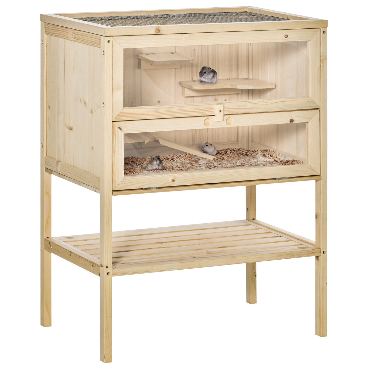 Wooden Hamster Cage with Storage Shelf, Small Animal Exercise Play House with Openable Top, for Hamsters, Gerbils, 60 x 40 x 80 cm - Natural