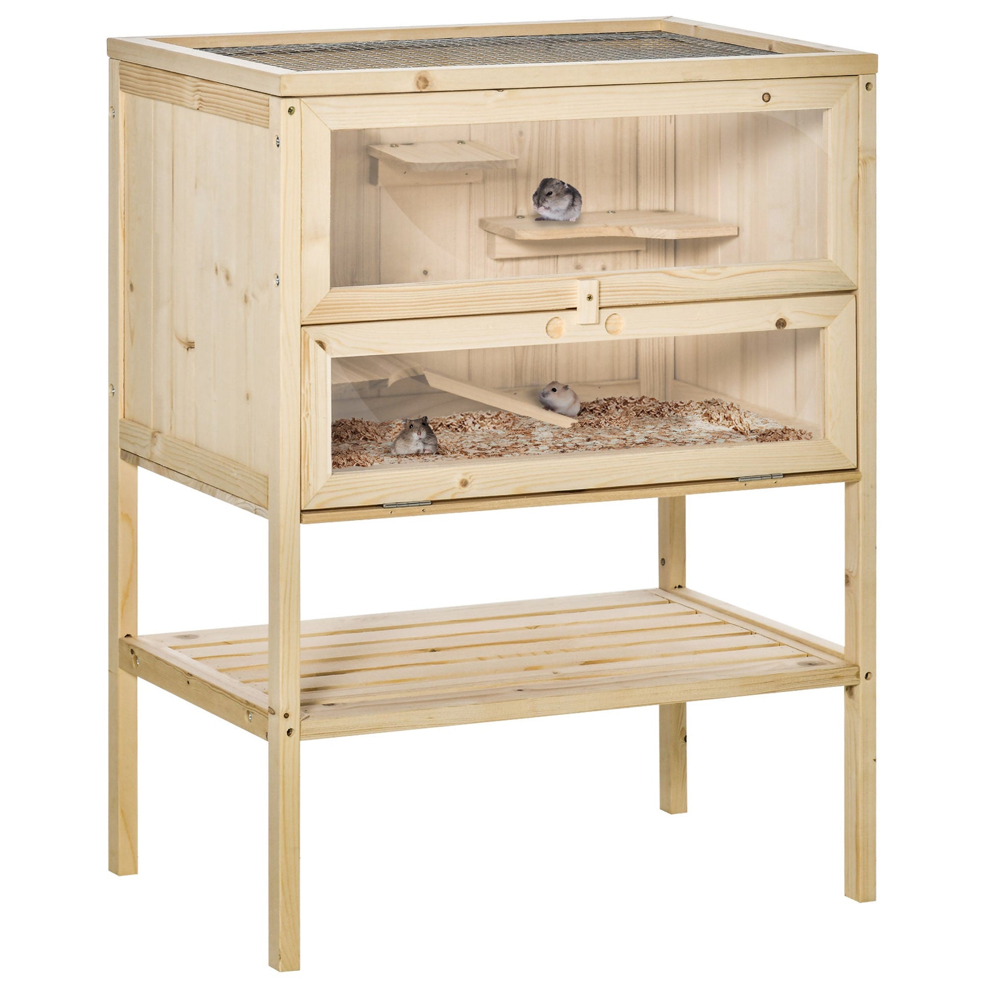 Wooden Hamster Cage with Storage Shelf, Small Animal Exercise Play House with Openable Top, for Hamsters, Gerbils, 60 x 40 x 80 cm - Natural